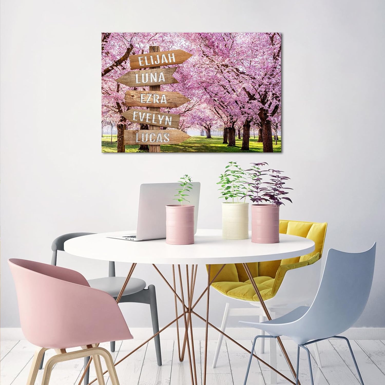 iLOOKLiKE Cherry Tree Blossoming Park Personalized Street Sign with Name Wall Art for Family Custom Multi Names Canvas Prints Spring Landscape Pictures Painting Gifts for Home Decor Anniversary