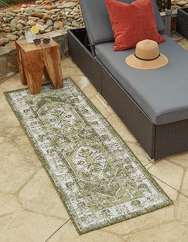 Unique Loom Outdoor Traditional Collection - Alfombra Valeria (2 pies 7 pulgadas x 12 pies 2 pulgadas, color verdeverde claro)