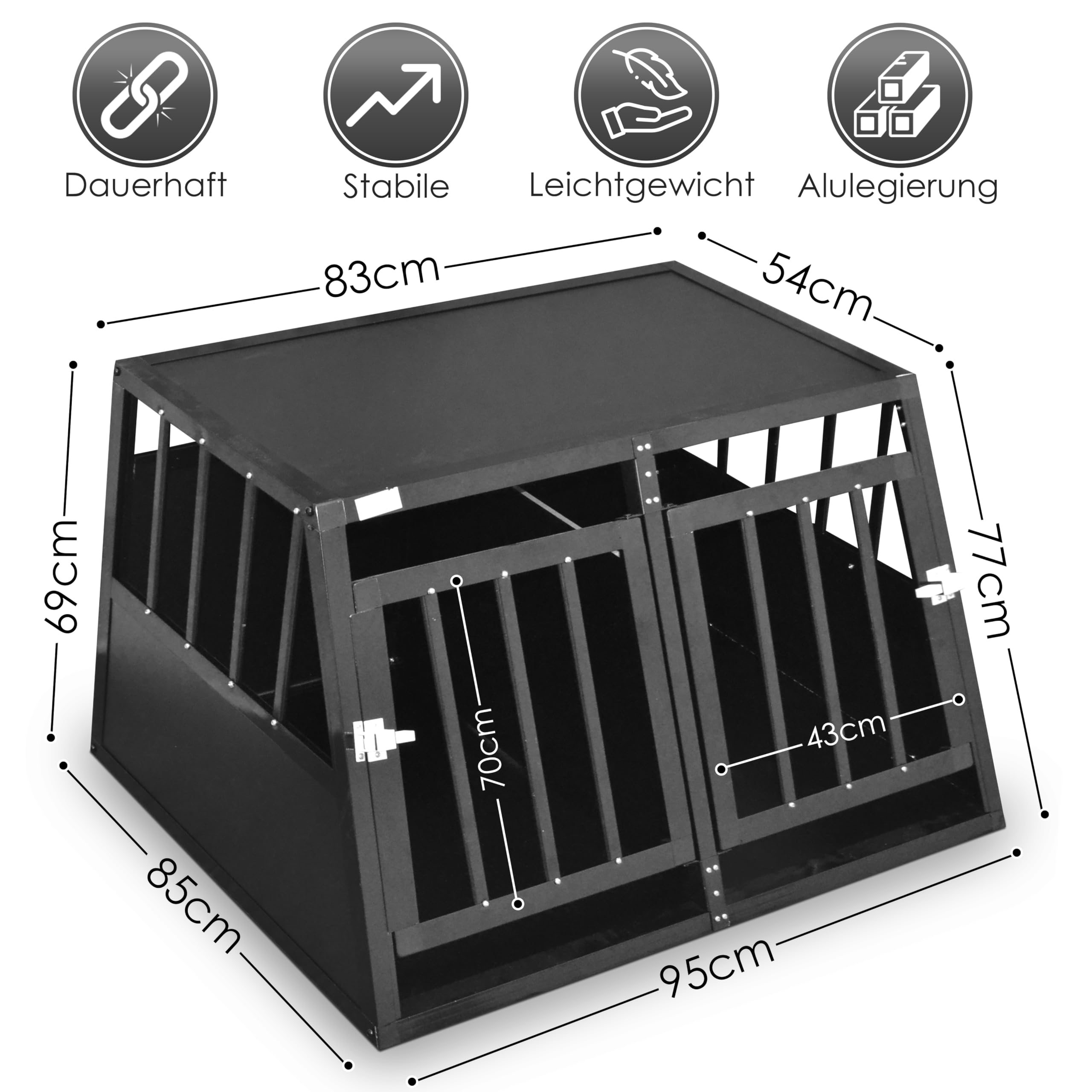 Defacto Cage de transport pour chien en aluminium - Cage de voyage pour voiture - Porte grillagée verrouillable - Caisse de transport pour animaux (noir, XXL) 95 x 85 x 69 cm