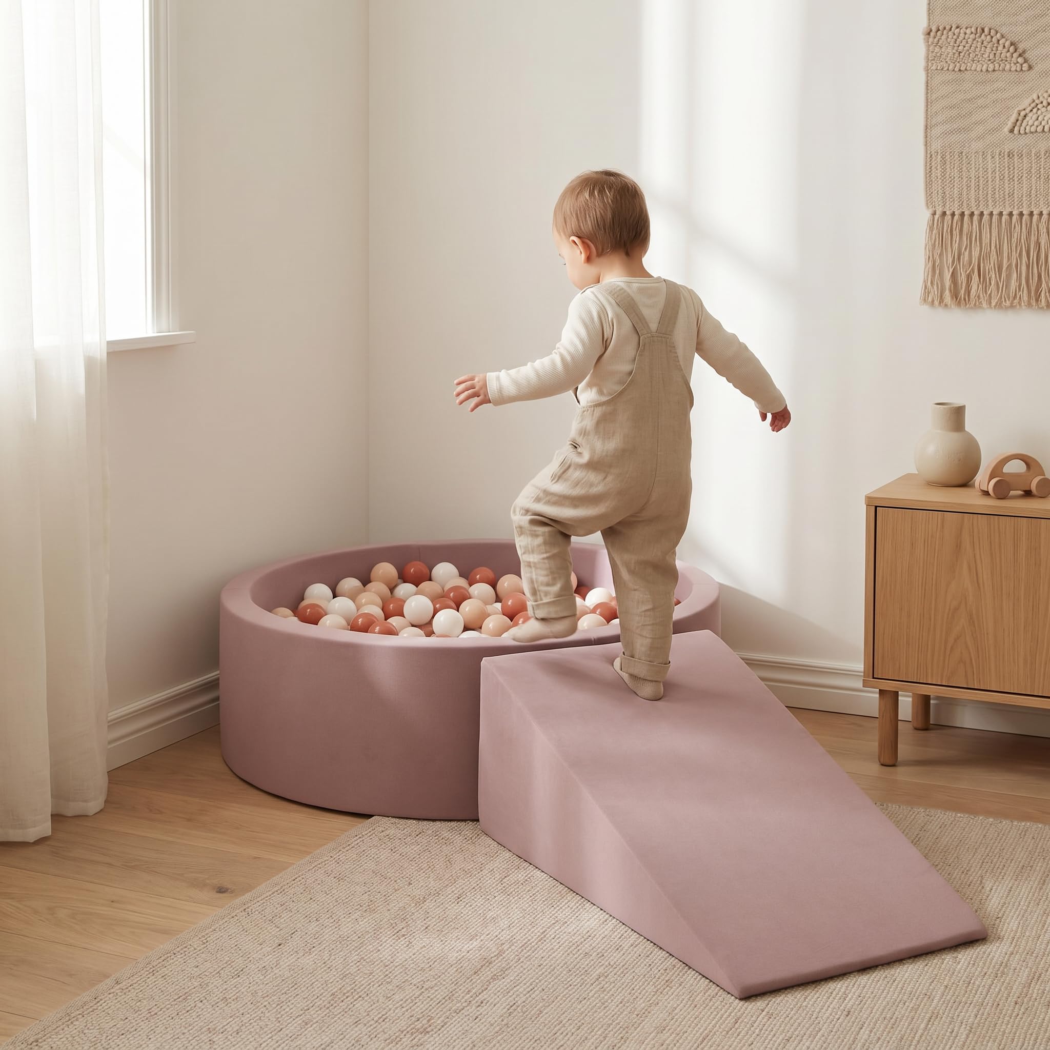KiddyMoon Area Giochi in Schiuma con Piscina di Palline 90x30cm e Rampa 100 Palline 7cm per Neonati e Bambini - Grigio Chiaro: Giallo Verde Blu Rosso Arancione