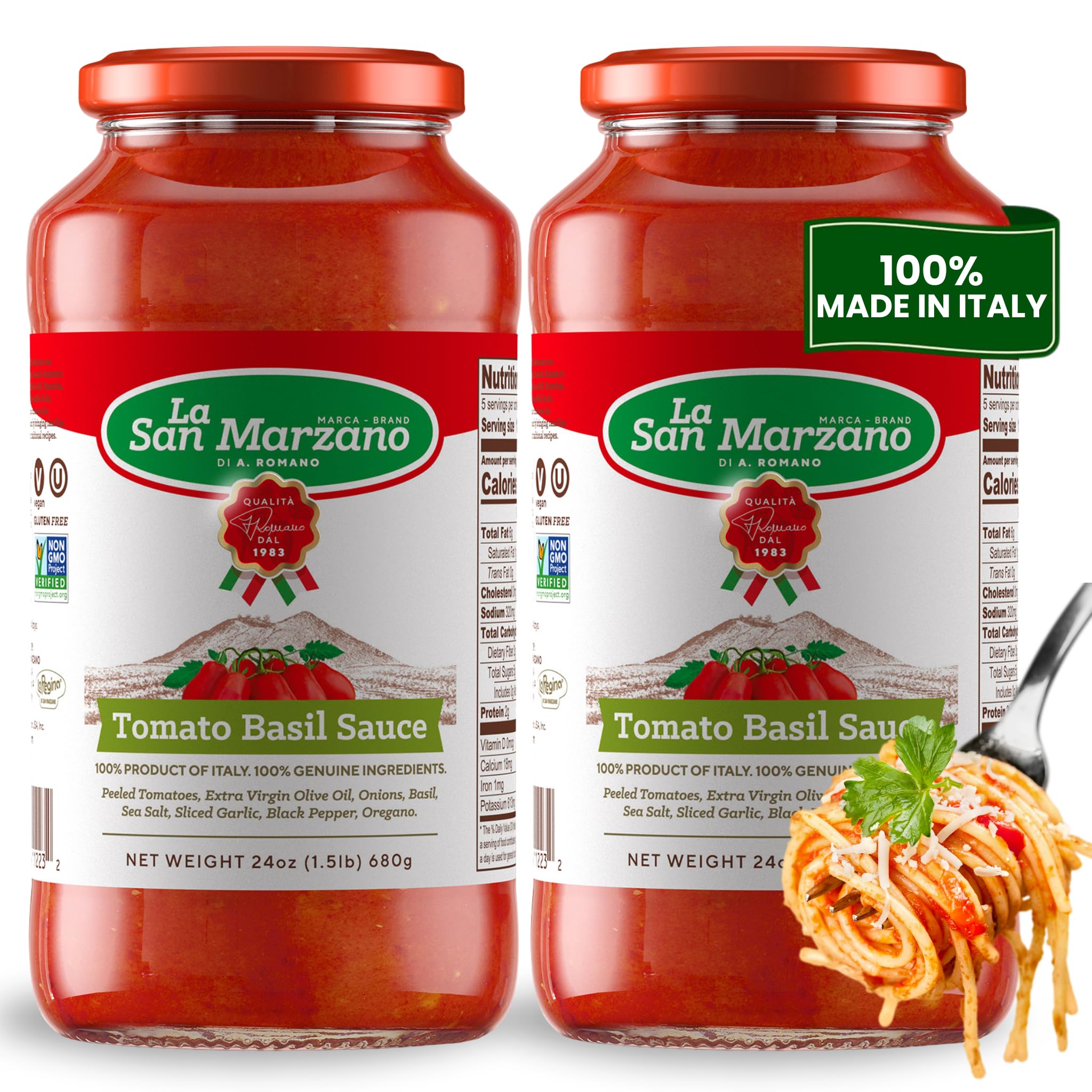 La San Marzano Tomato Basil Sauce, 24 oz, Pasta Sauce Made in Italy, All Purpose Tomato Premium Quality, All Natural, Mediterranean Diet, Non GMO, Vegan, Gluten Free