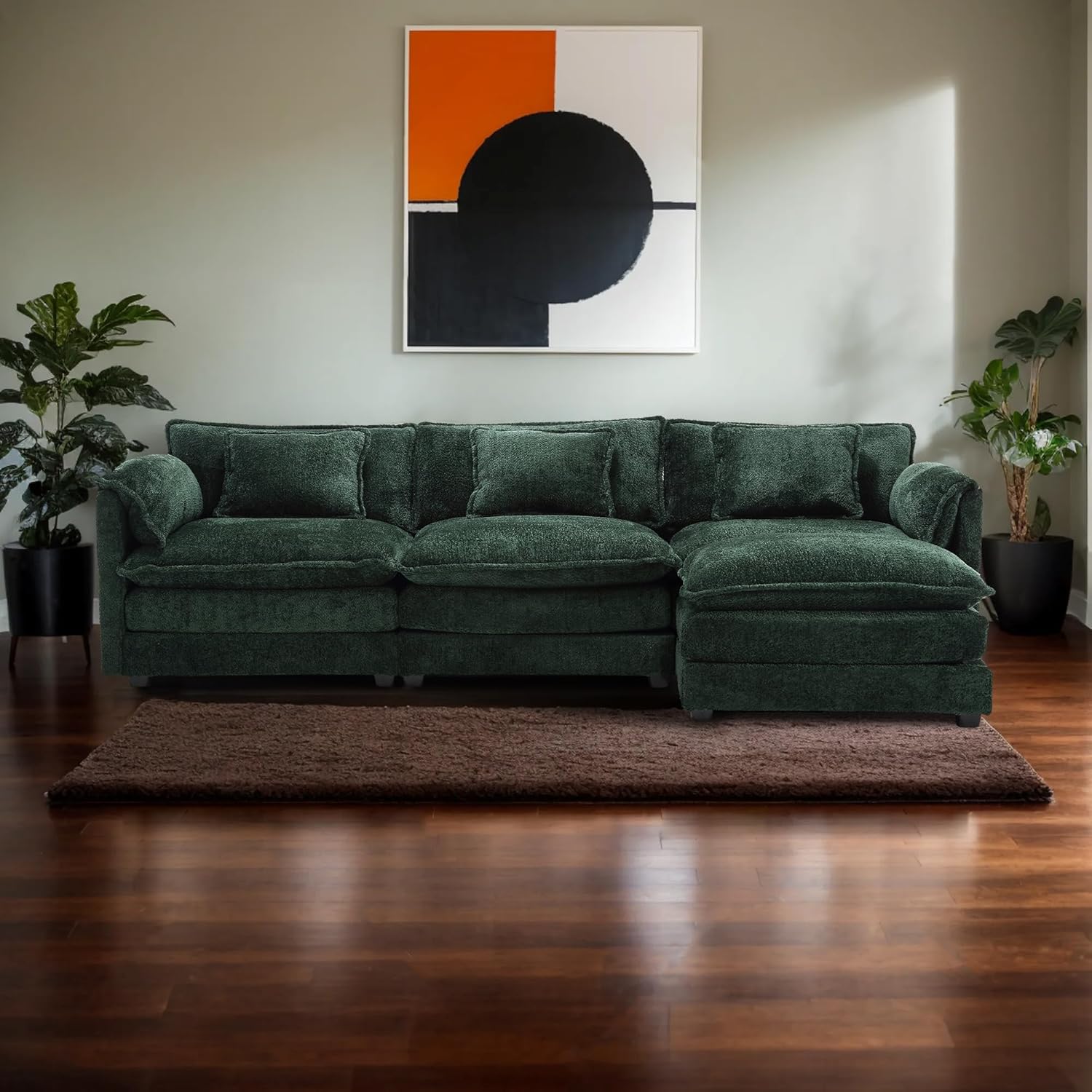 Eafurn 5 Seater L Shaped Convertible Modular Sectional Sofa with Reversible Chaise, Minimalist Oversized Sleeper Corner Couch,Chenille Upholstered Leisure Sofá for Living Room Office, Emerald 112.2"