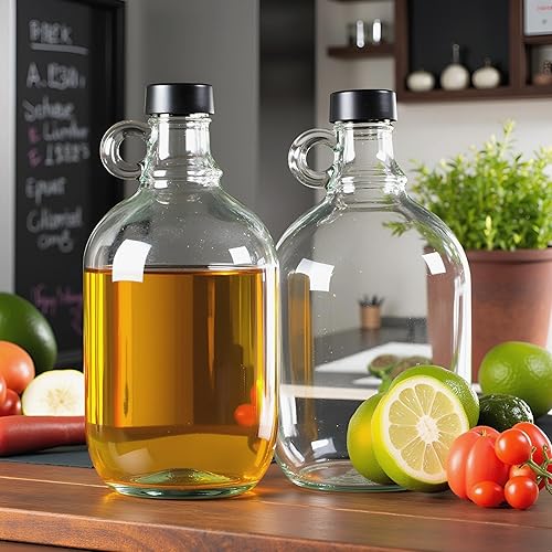 Miniatura 12 de Jarra de vidrio de 1 galón (128 onzas), botellas de agua de vidrio con asa, jarras Growler incluye tapa de Polyseal de 1.496 in para Kombucha