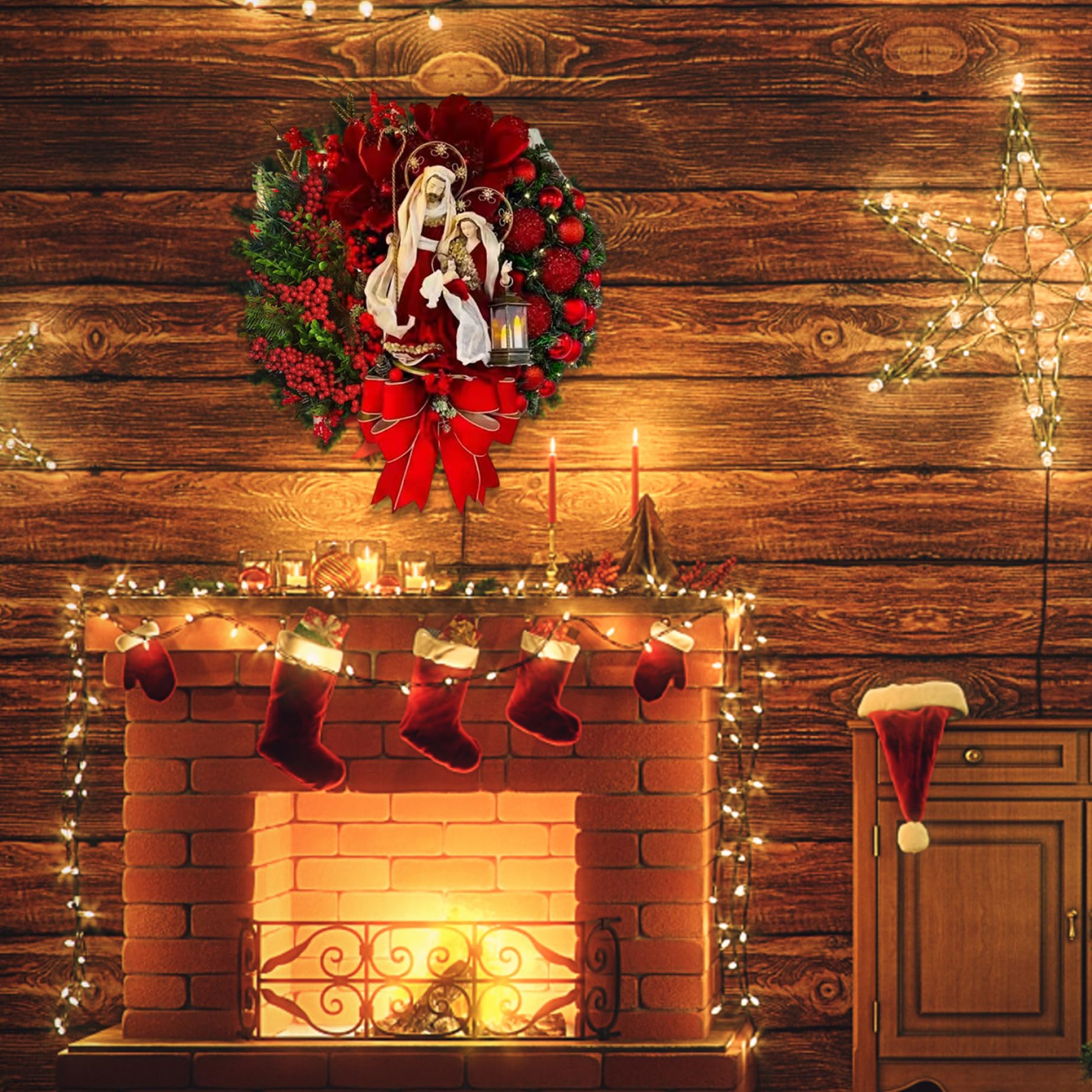 Couronne de Noël pour Porte d'entrée, décoration LED pré-éclairée de 16 Pouces, Fleurs Poinsettia, décoration Noël intérieure et extérieure, 40 cm