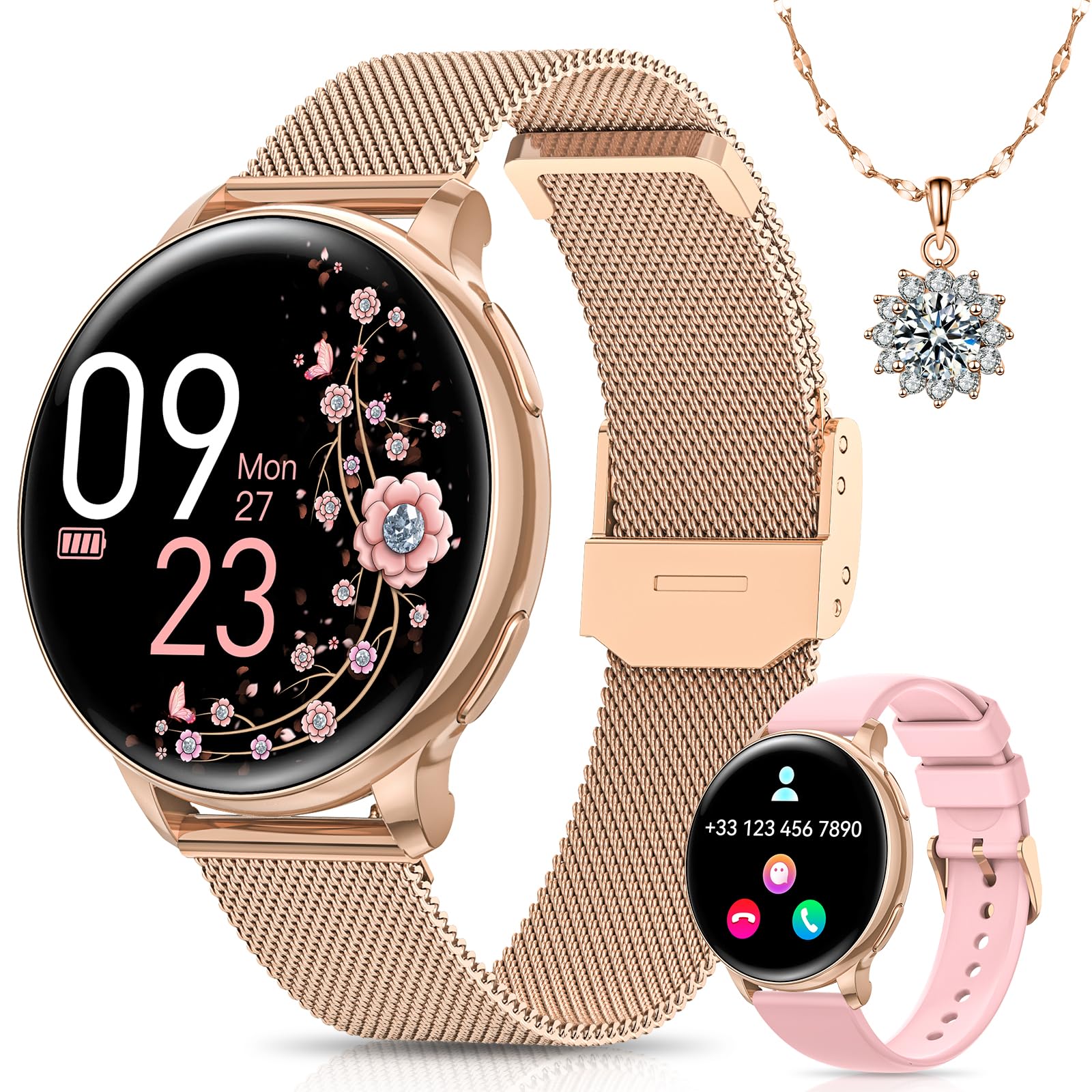 BANLVS Smartwatch Donna, 1.27” Orologio Smartwatch con Chiamata Bluetooth, 110 Modalità Sportive, Ciclo Mestruale, Cardiofrequenzimetro SpO2 e Sonno, IP68 Impermeabile Smartwatch per Android iOS Gold