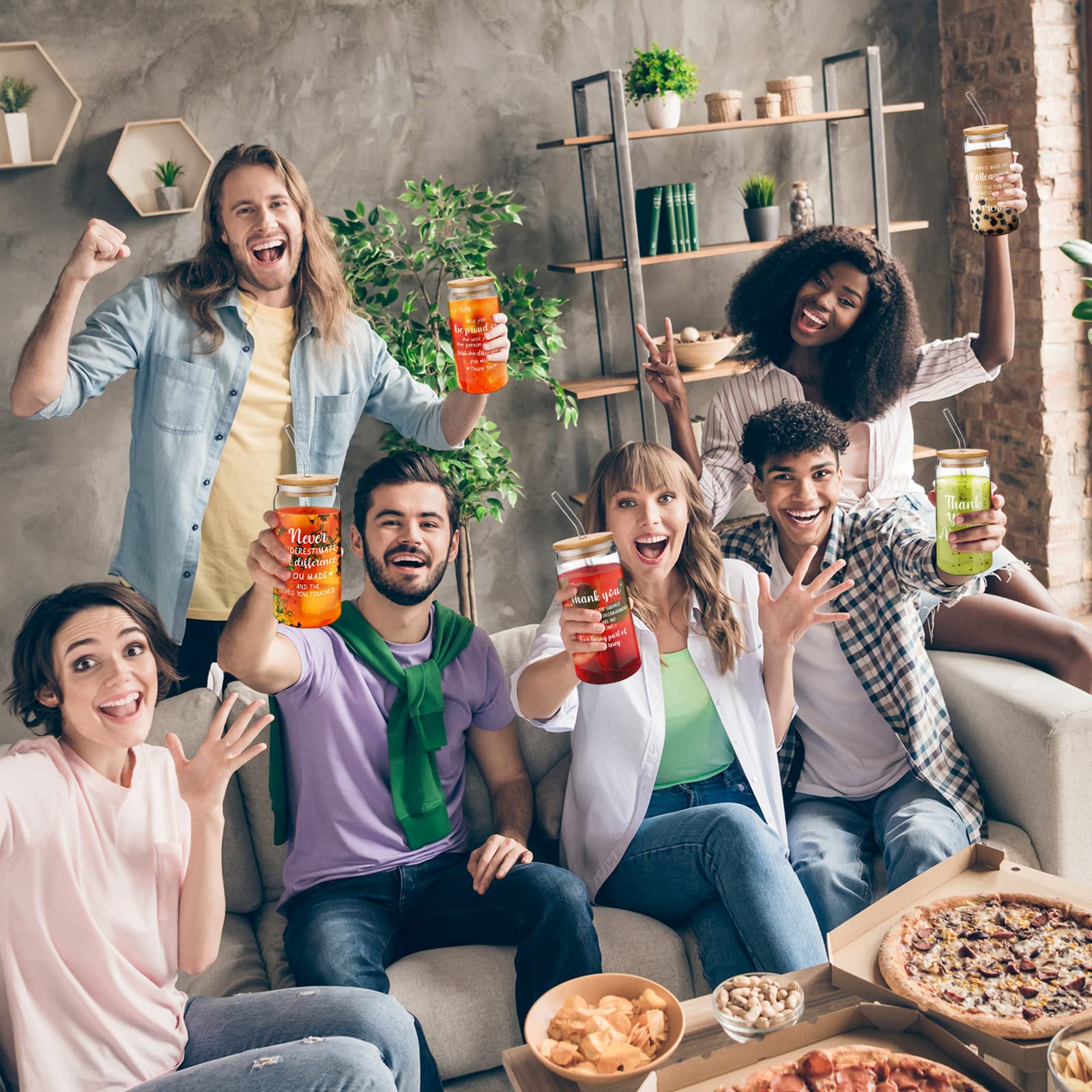 10 Pcs Appreciation Gifts Inspirational Glass Cups with Bamboo Lids and Straws 16oz Thank You Drinking Glasses for Women Employee Coworker Teacher Birthday Christmas Gifts Business Favors