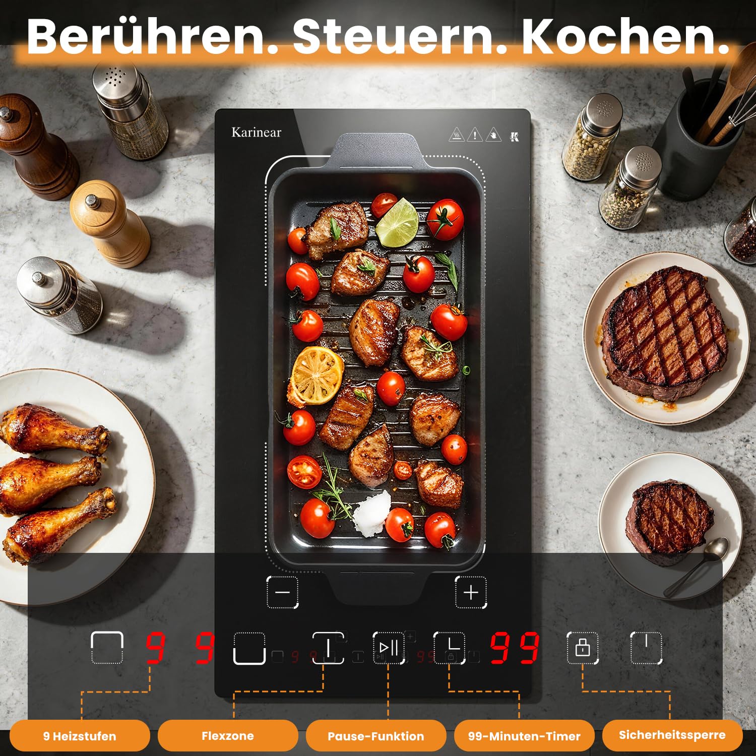 Karinear Induktionskochfeld 2 Platten 30CM Einbau Touch-Steuerung 240V mit Stecker