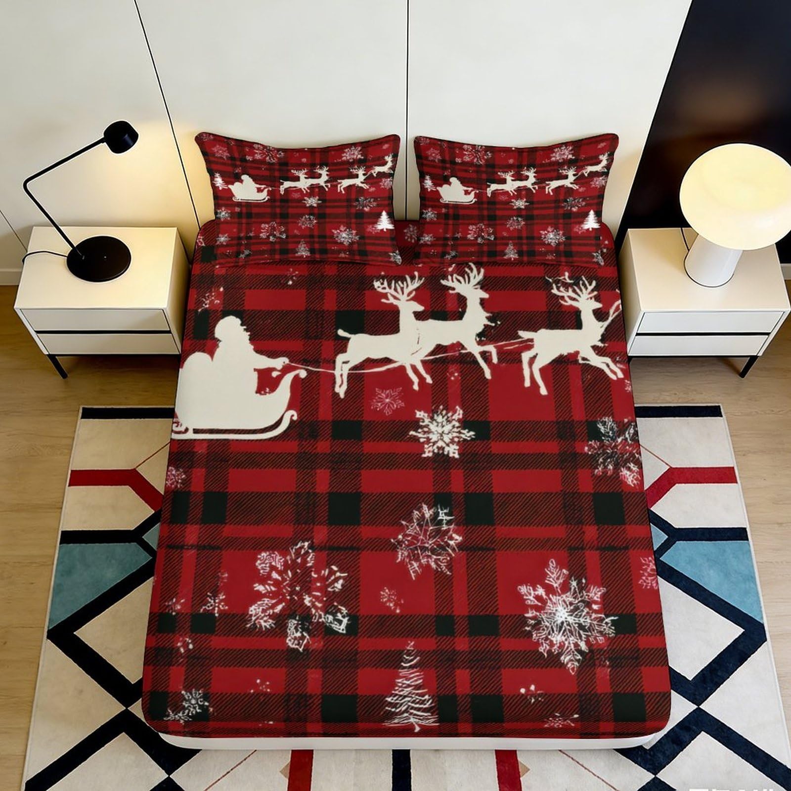 3D Printed Plaid Christmas Santa Fitted Sheet Microfiber Red Reindeer Snowflake Mattress Cover Bedroom Decor 140x200x25cm