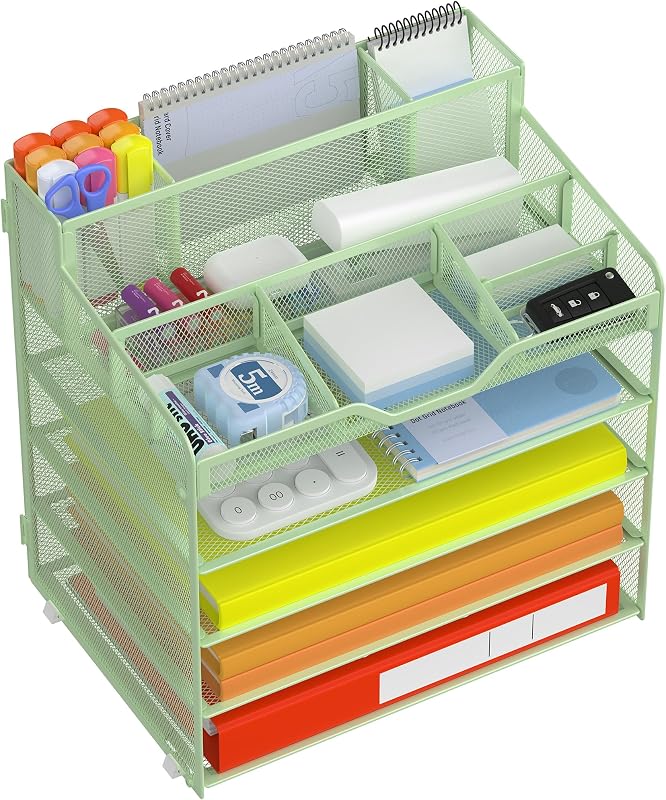 Docnest 5 Tier Mesh Desk Organizer with Letter Tray & Paper Sorter, Green