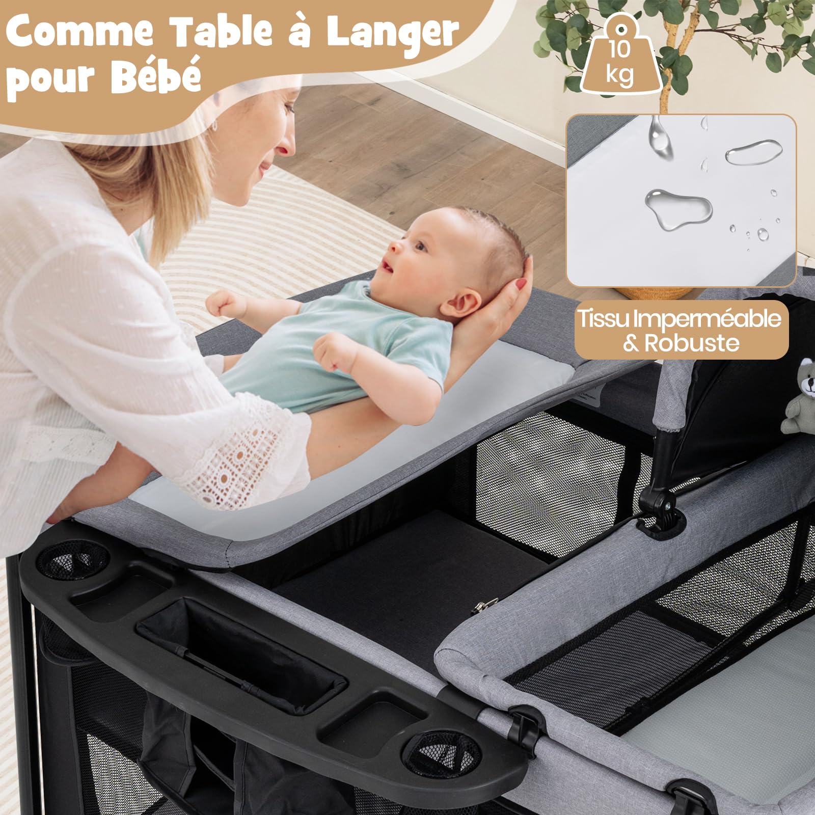 COSTWAY 5 en 1 Lit Parapluie Bébé avec Matelas & Table à Langer, Lit Bébé Evolutif avec Berceau Amovible & 2 Jouets, 2 Roues avec Frein, Sac de Transport, 110x78cm, Charge 10kg pour 0-3 Ans