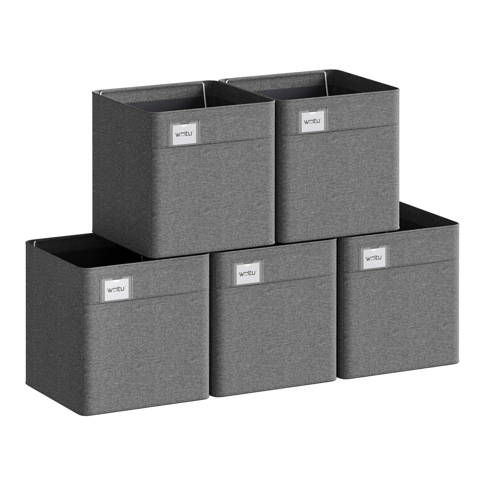 Woltu Dark Grey Collapsible Storage Boxes Set Of 5, Fabric Storage Cubes With Handles And Label Holders, Wardrobe Organisers For Shelves, Bedroom, Living Room, Office, 26X26x25.5cm