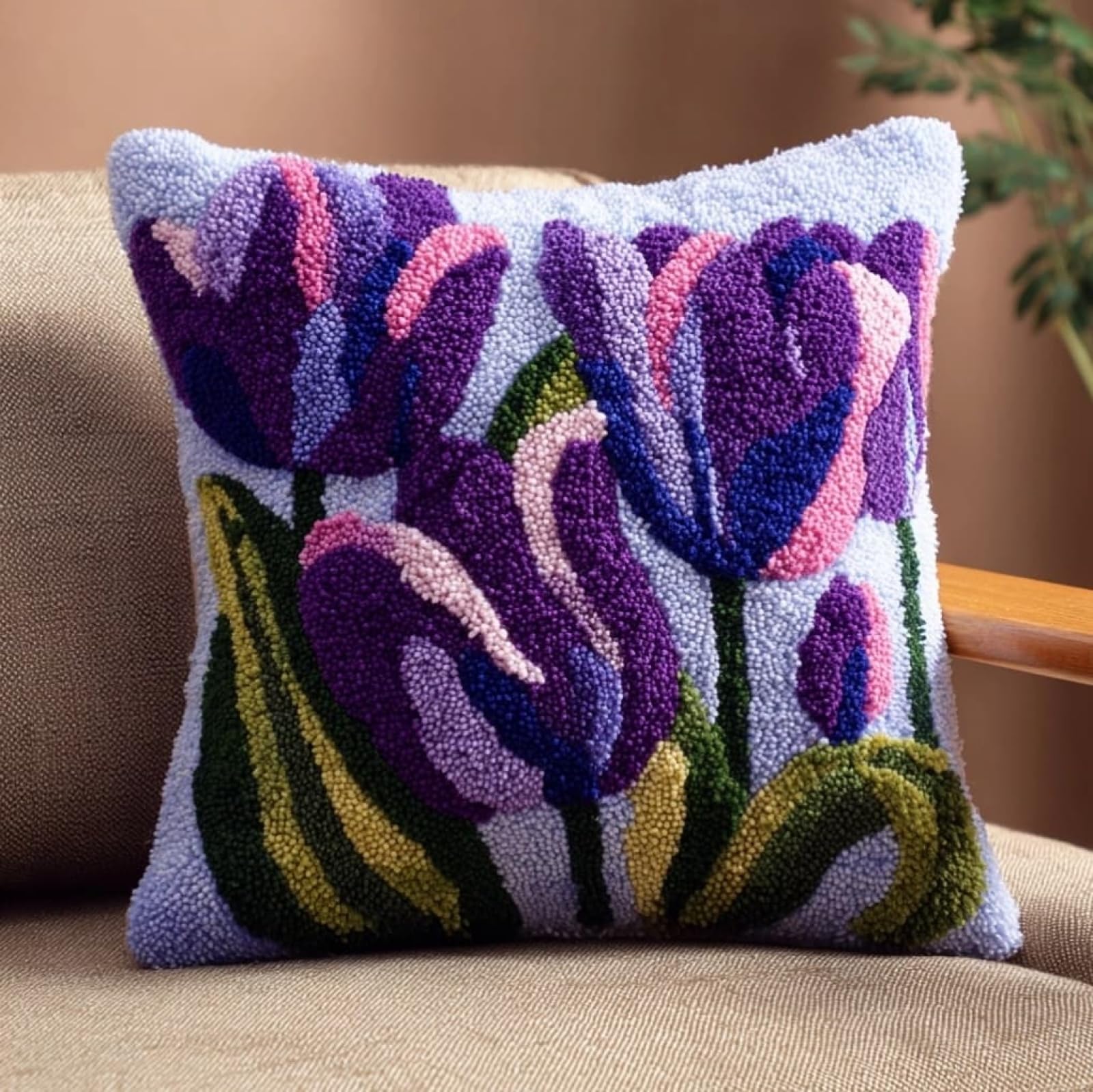 AxiangziK Latch Hook Pillow Case Kits,Purple Tulips DIY Latch Hook Cushion Kits Beginners Adults Children Gift Embroidery Home Decoration,17x17inch