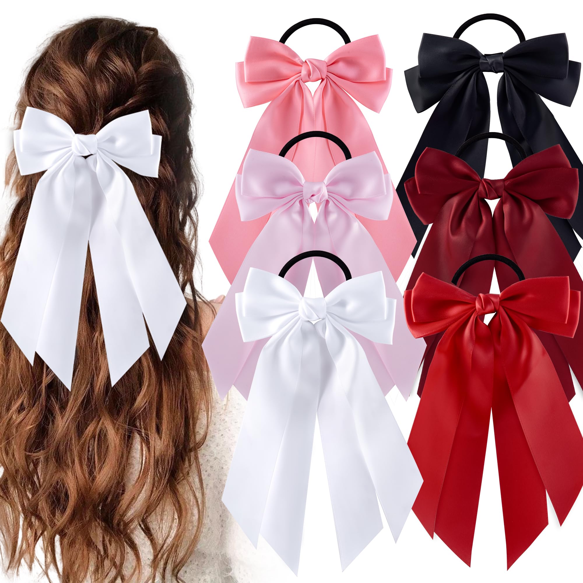 hisial 6Pcs Bow Hair Ties Non-Damage Ponytail Holders Hair Bows Ribbon for Women Fashion Bows Accessories for Girls Elastic Hair Bands(White/Pink/Red/