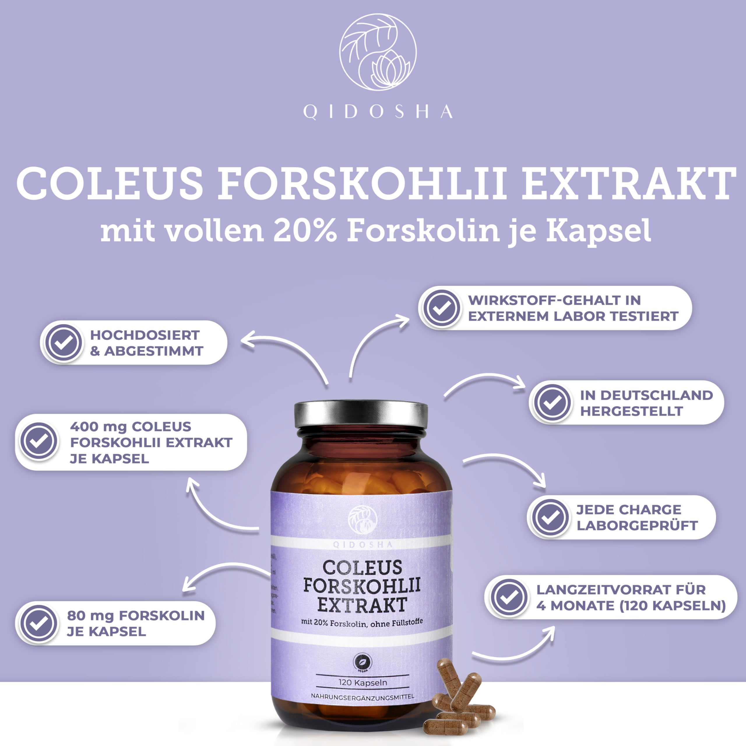QIDOSHA® Coleus Forskohlii Extrakt, volle 20% Forskolin, 120 Kapseln im Apothekerglas, 400mg je Kapsel, deutsche Fertigung, Wirkstoffgehalt in externem Labor testiert