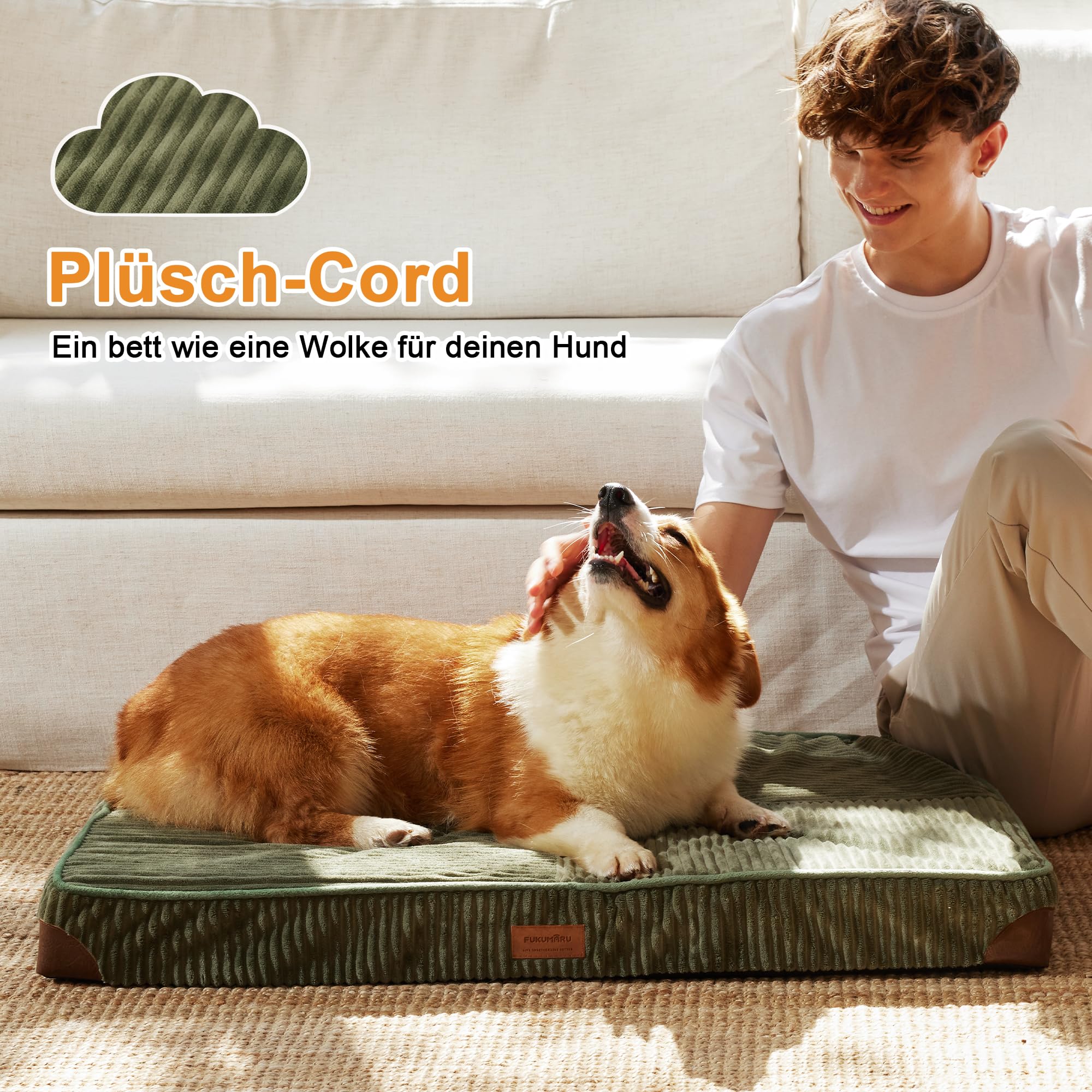 FUKUMARU Orthopädisches Hundebett - 91x56x9 cm, waschbares Hundekissen mit wasserdichter Gewebeschicht, kuschelige Hundematte, Hundematratze, Anti-Rutsch Hundecouch, grün.