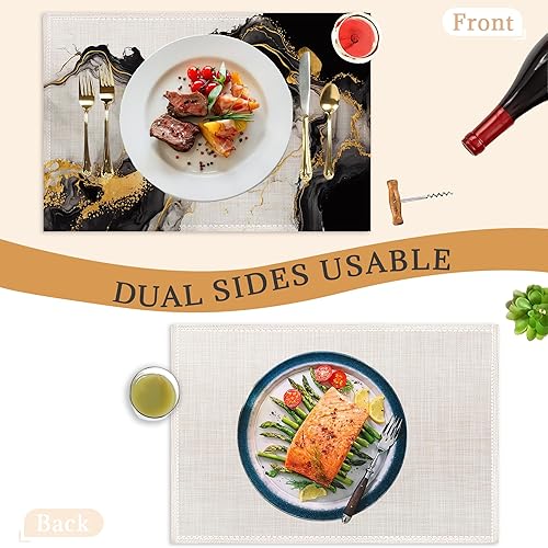 Miniatura 3 de Juego de 6 manteles individuales blancos y negros, lavables, resistentes al calor, de 12 x 18 pulgadas, manteles individuales de lino con mármol