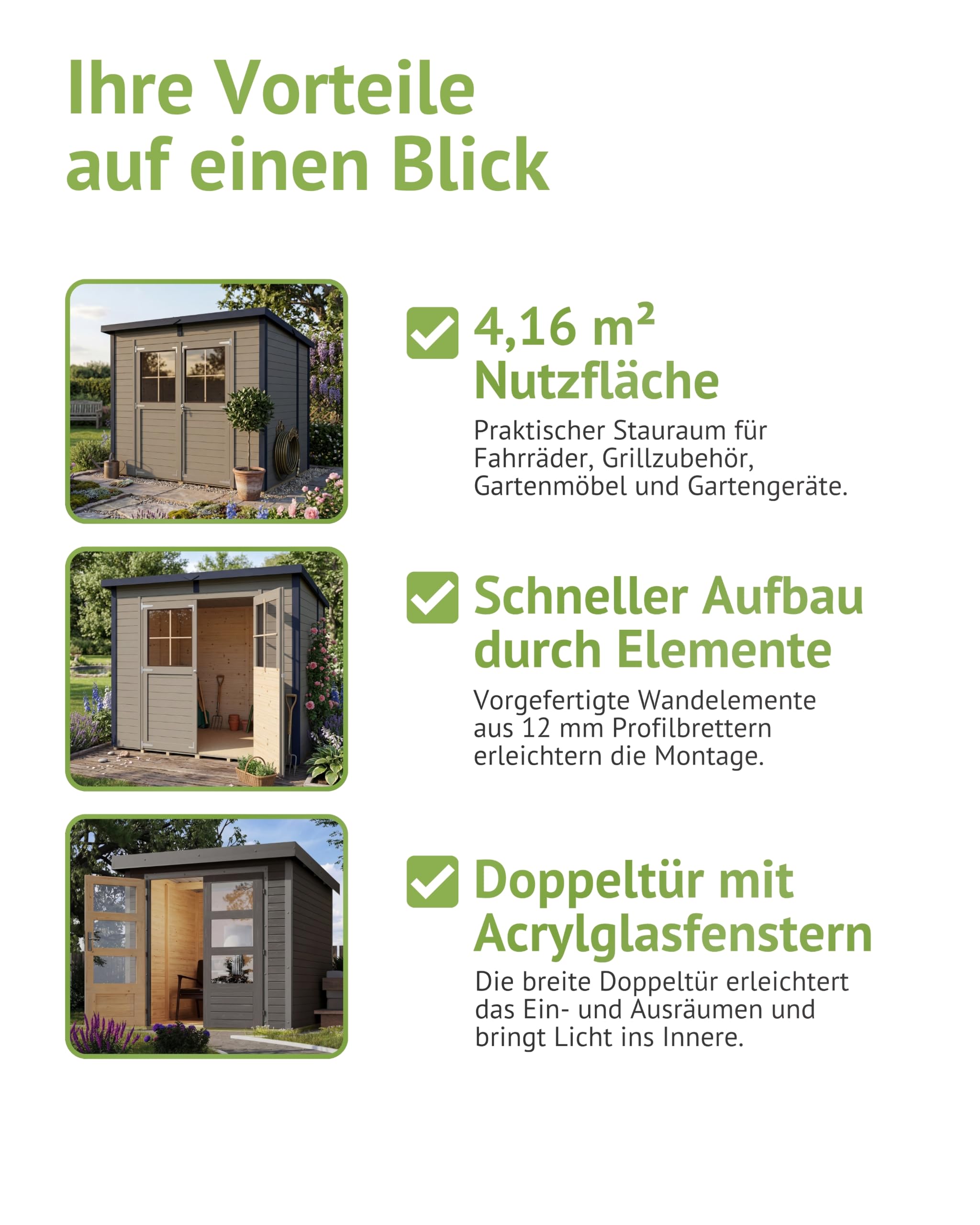 Steiner Shopping Gartenhaus Ense 03 | 12 mm Elementgartenhaus aus nordischer Fichte I Außenmaß 252 x 200 cm I Mit Fußboden & Pultdach