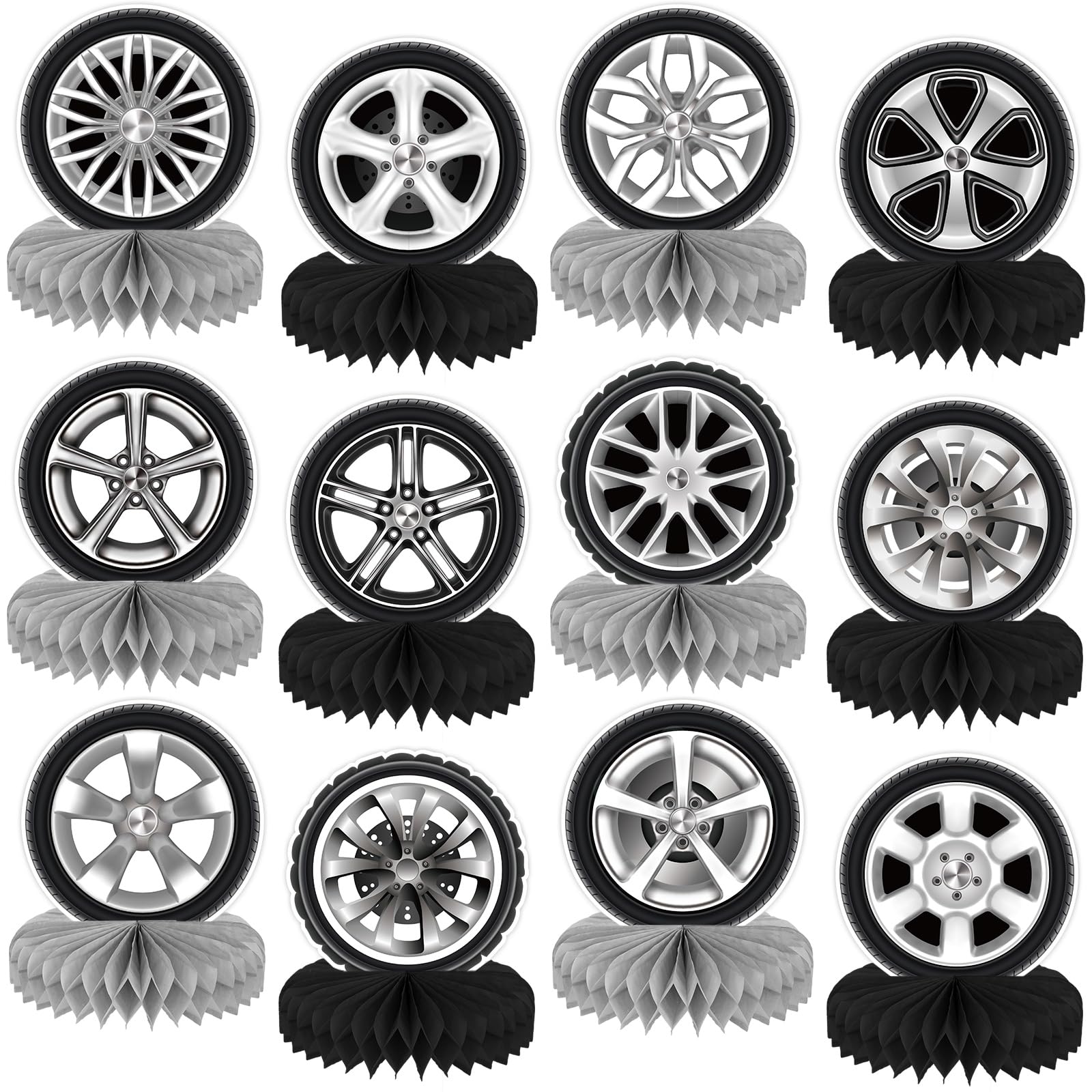 View 1 of 12Pcs Race Car Centerpieces for Tables, Racing Car Birthday Party Decorations Wheel Tire Centerpieces Decor, Double-Sided Tire Decorations for Car Themed Birthday Party Supplies