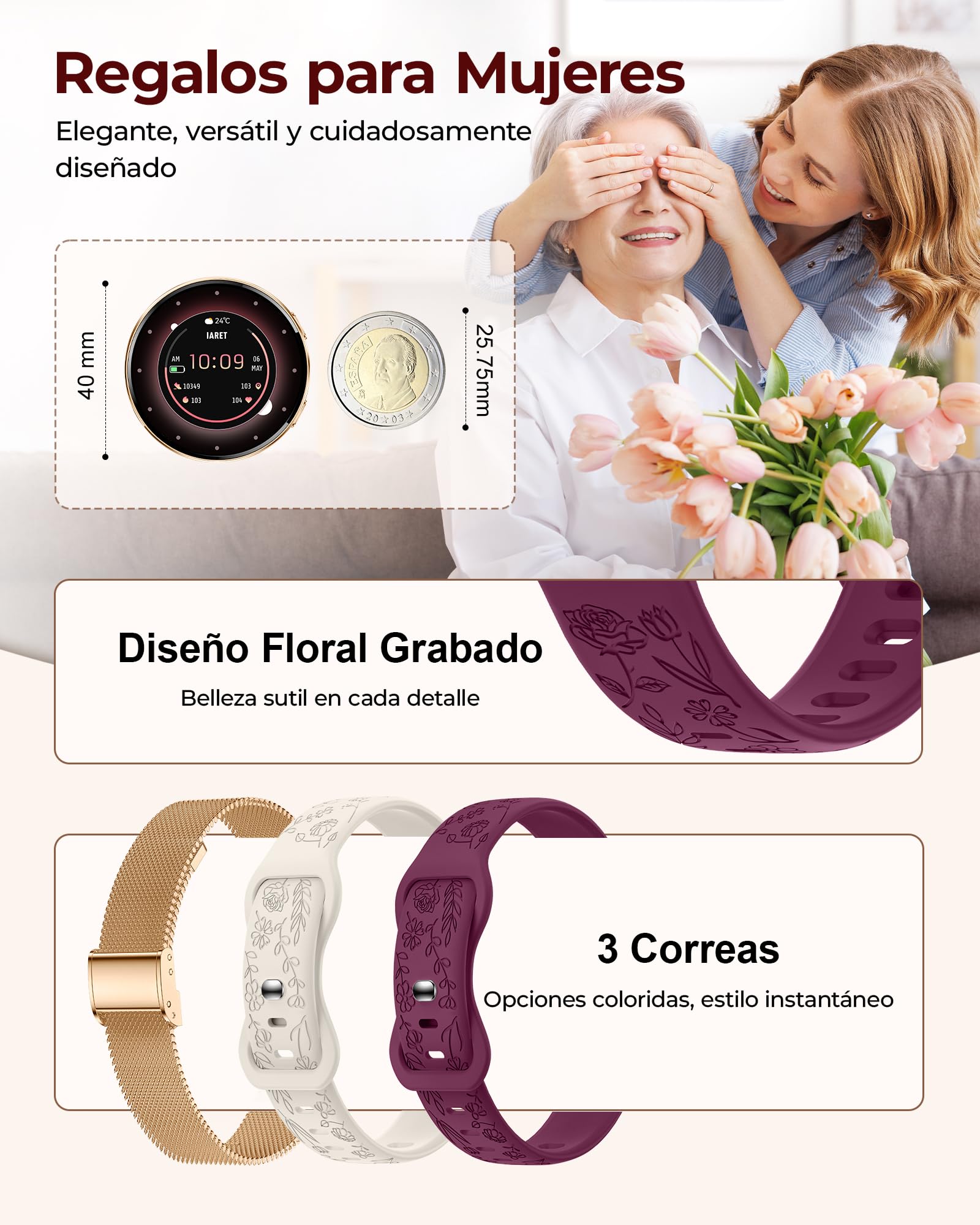 Iaret Reloj Inteligente Mujer con 3 Correas, 1,27" Pantalla AMOLED, Smartwatch Redondo con Llamadas Bluetooth, 120+ Modos Deportivos, SpO2/Pulsómetro/Sueño, para Android iOS, Regalo, Oro Rosa