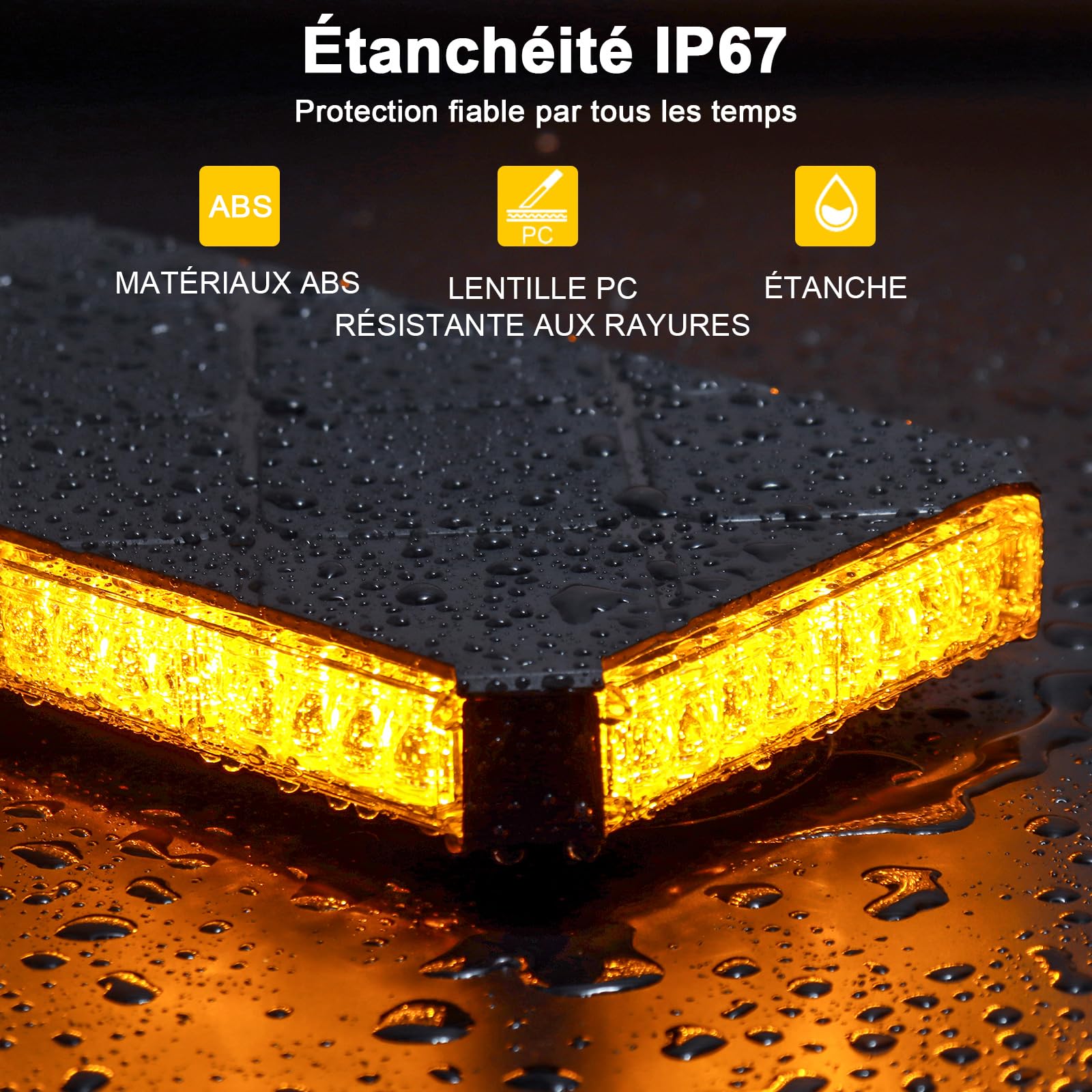 Rampe Gyrophare LED Magnétique 12V 24V, Orange, 48 LEDs, IP67 | Base Aimantée 130 km/h, Câble 4,8m, 16 Motifs Stroboscopiques, Patin Anti-Rayures, pour Utilitaires et Chantiers
