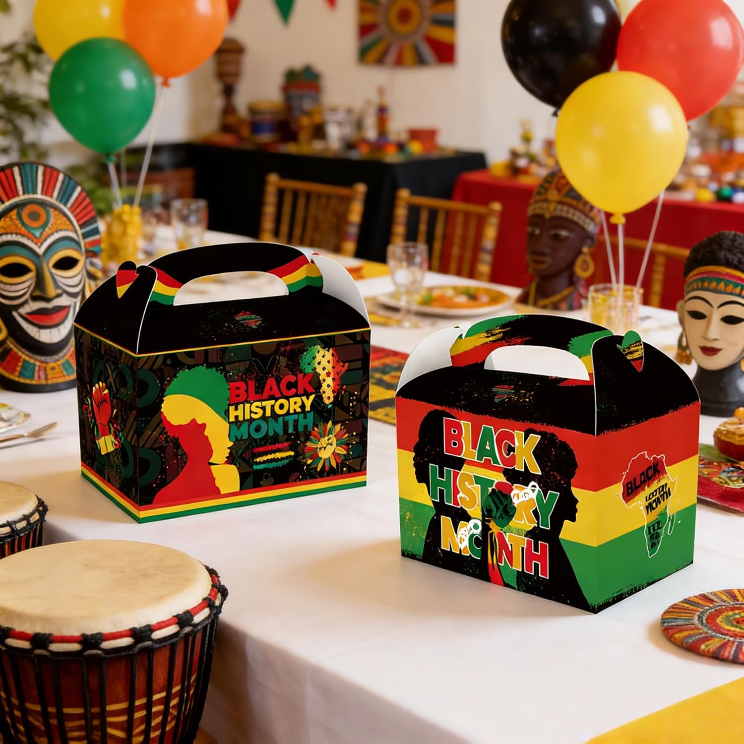 KYMY Black History Month Party Favor Boxes, 12pcs African American February Festival Goodie Candy Paper Boxes with Handle, Different Design Black Pride Treat Gift Boxes for BHM Party Decorations