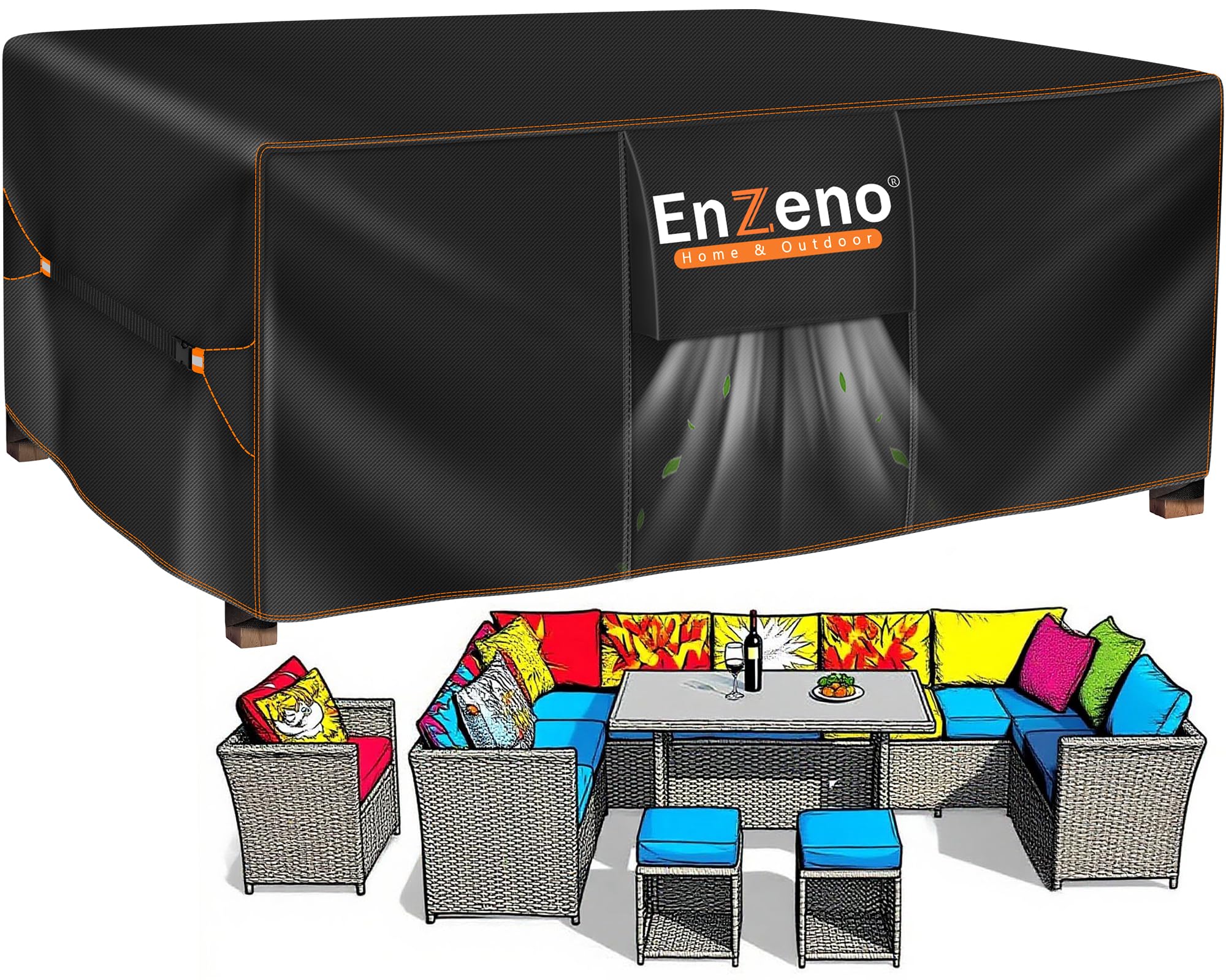 Enzeno Tuinmeubelafdekking,Afdekhoes voor Tuinmeubelen Waterdichte,Tuintafelhoezen met ventilatieopeningen,Tuinmeubelhoes Rotan Meubelhoezen,Winddicht Tafelhoes voor Buiten,250x250x90cm
