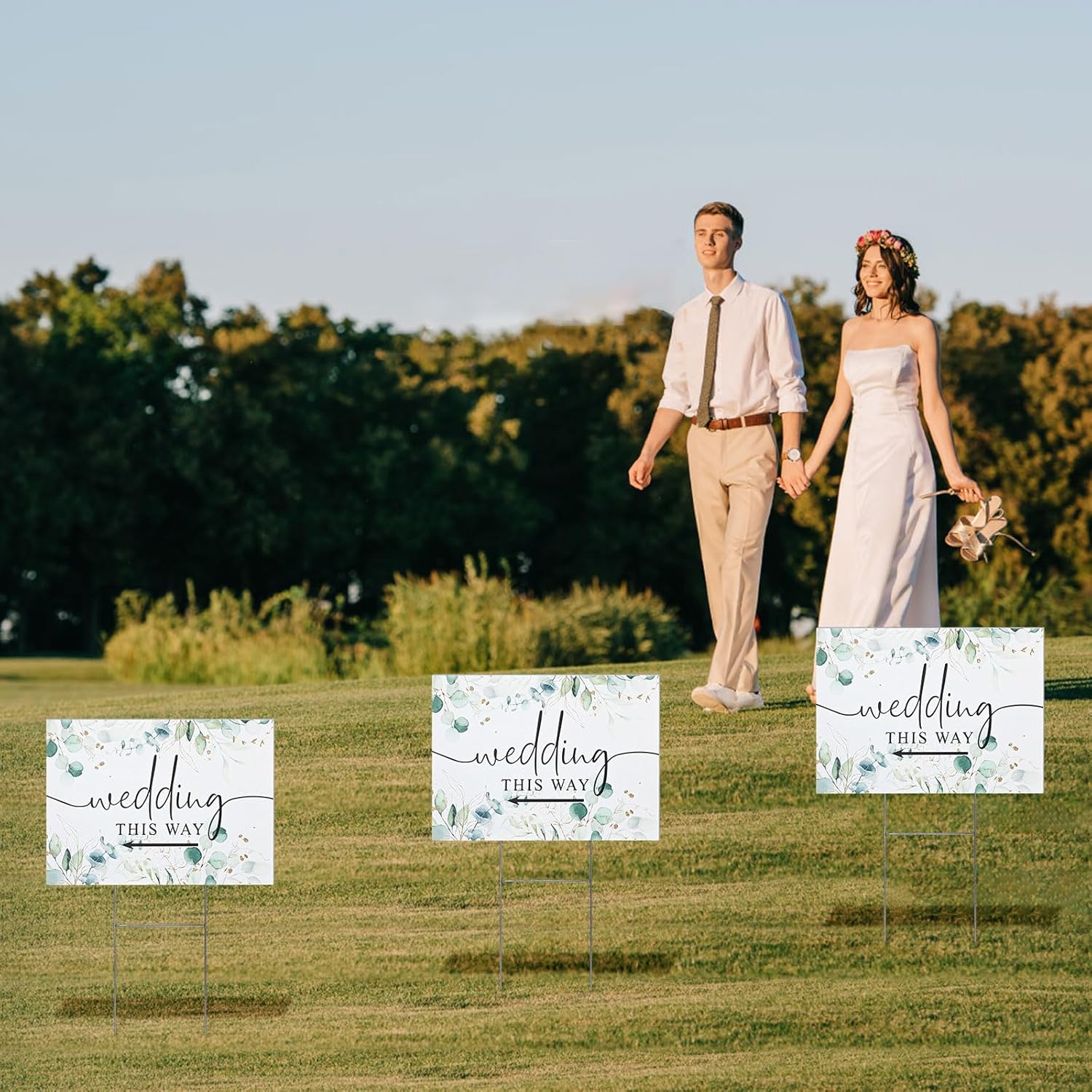 3 Pack 17''×12.5'' Wedding This Way Signs Double Sided Printed Wedding Directional Parking Sign with Stakes for Ceremony Reception Lawn Yard Arrow Signs Plastic Rainproof Party Supplies,Green Leaf