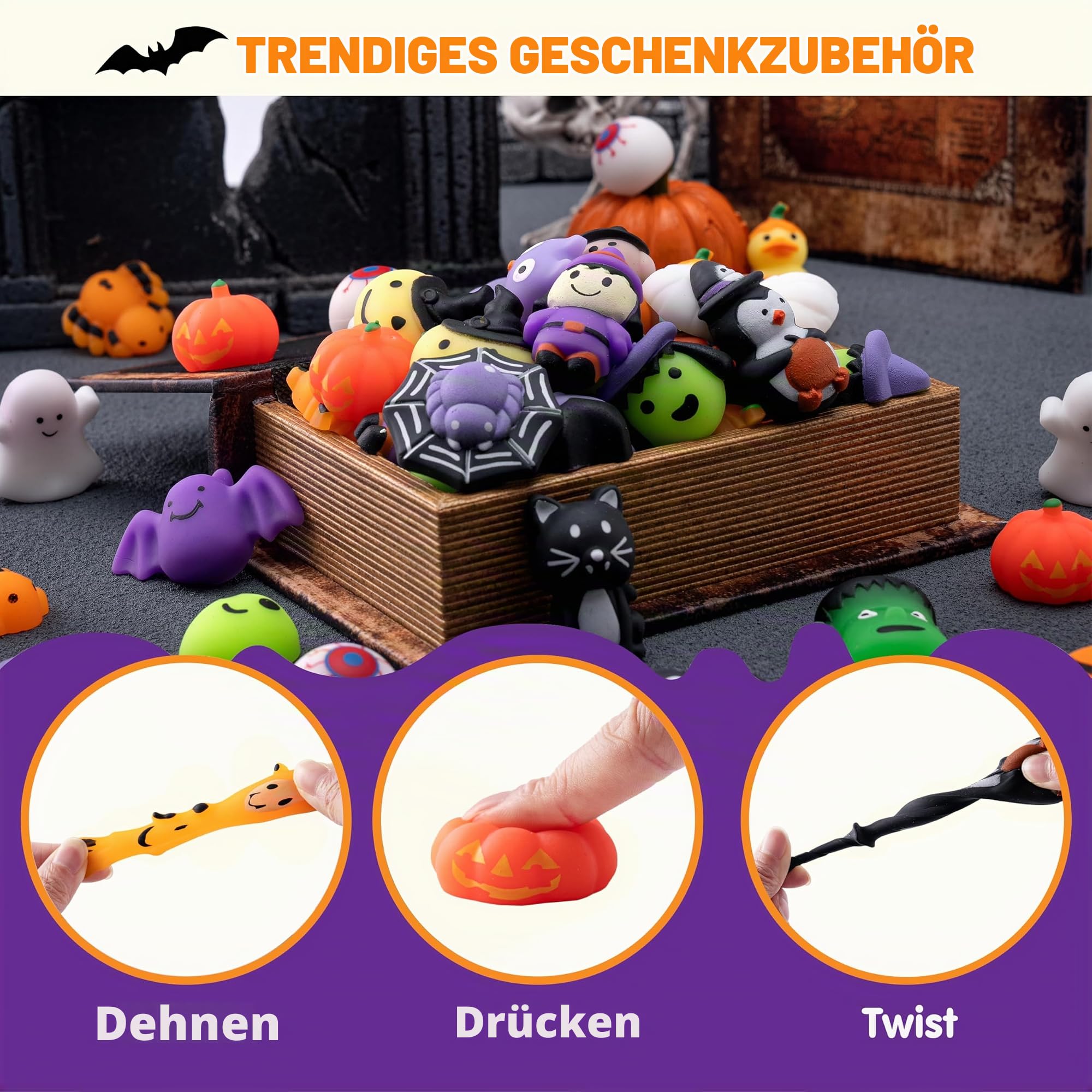 JOYIN 100 Pcs Halloween Mochi Squishy Spielzeug Großpackung, 28 Kawaii Designs Süßigkeiten Alternative, Antistress Fidget Spielzeug für Klassenzimmer Belohnungen & Mitgebsel