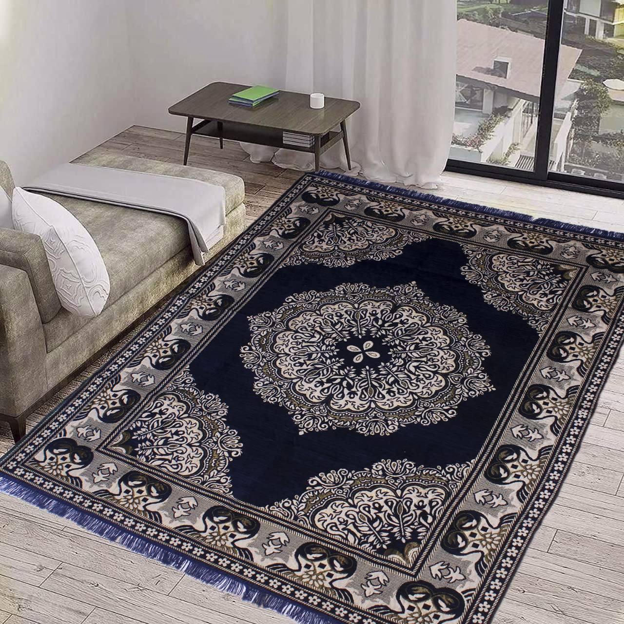 Purav Light Soft Touch Chenille Velvet Carpets for Living Room 5x7 feet Home Decor Carpet for Bedroom Floor Durries Mat, Navy Blue-image-6