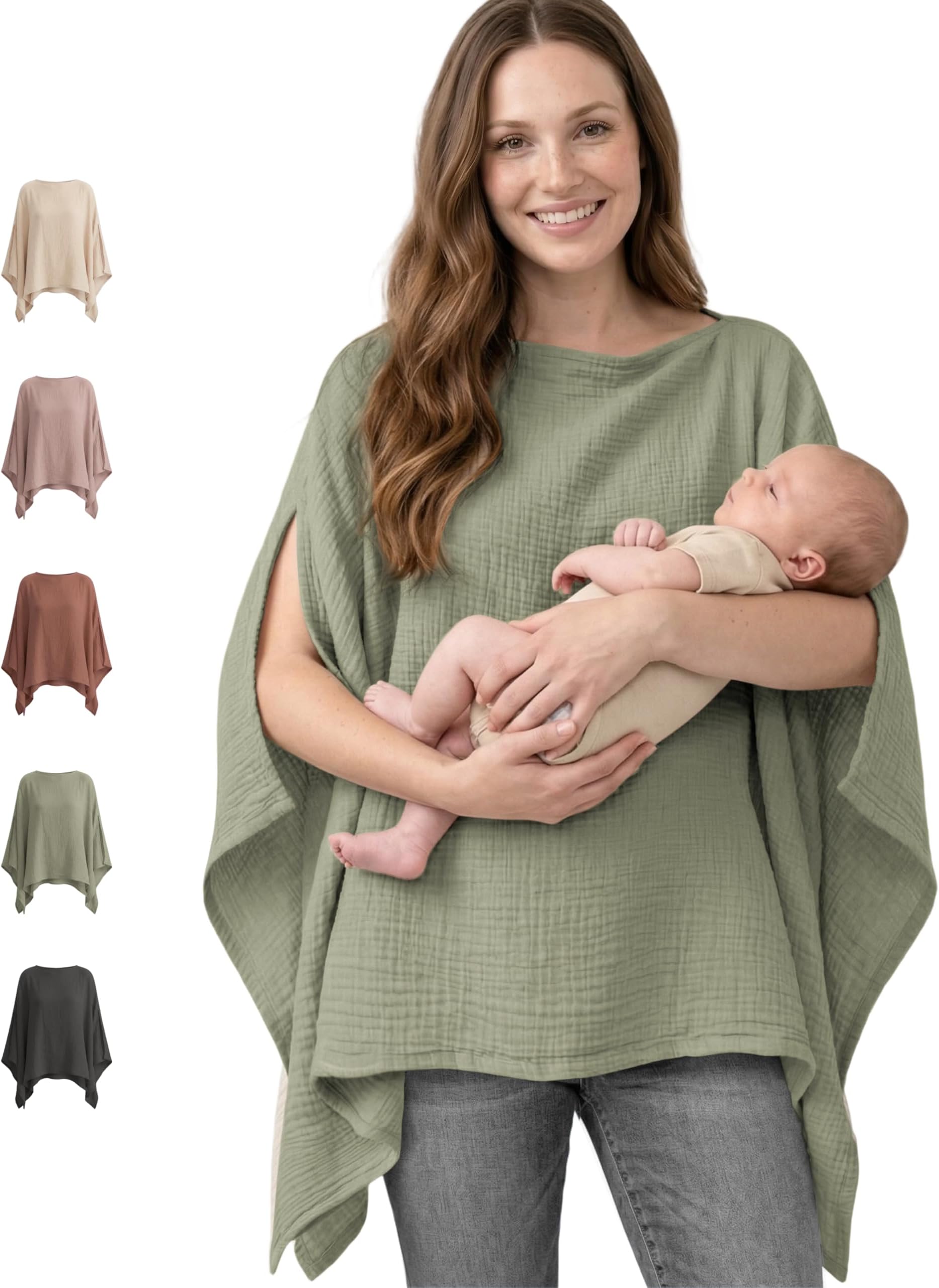 Konssy Muslin Nursing Cover for Breastfeeding, 360ยฐ Full Privacy Breathable 100% Cotton Breastfeeding Cover, Multi-use Carseat Canopy(Fog Green)