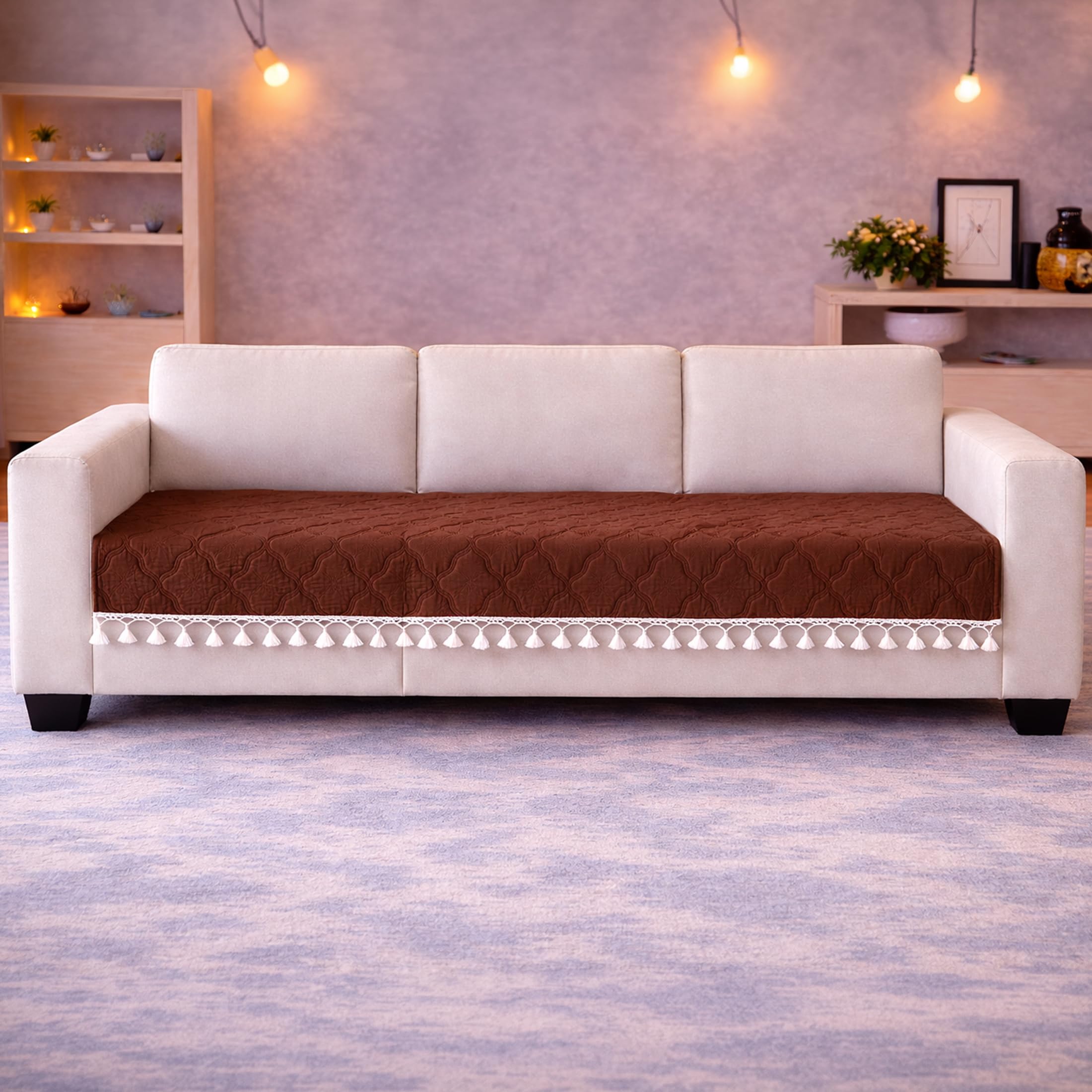 Cortina Velvet Sofa Cover with Tassels | Sofa Couch Protector | Machine Washable Sofa Topper (Marron, 3 Seater)-image-16