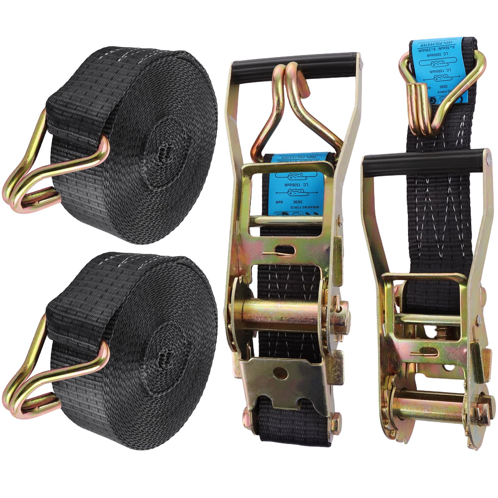 2 Sets Spanngurte mit Ratsche, 5 cm x 10 m, 3T Bruchfestigkeit, robuster Zurrgurt, Sicherungsgurte mit Griff und Metall-J-Haken für LKW, Auto, Motorrad, Schwarz