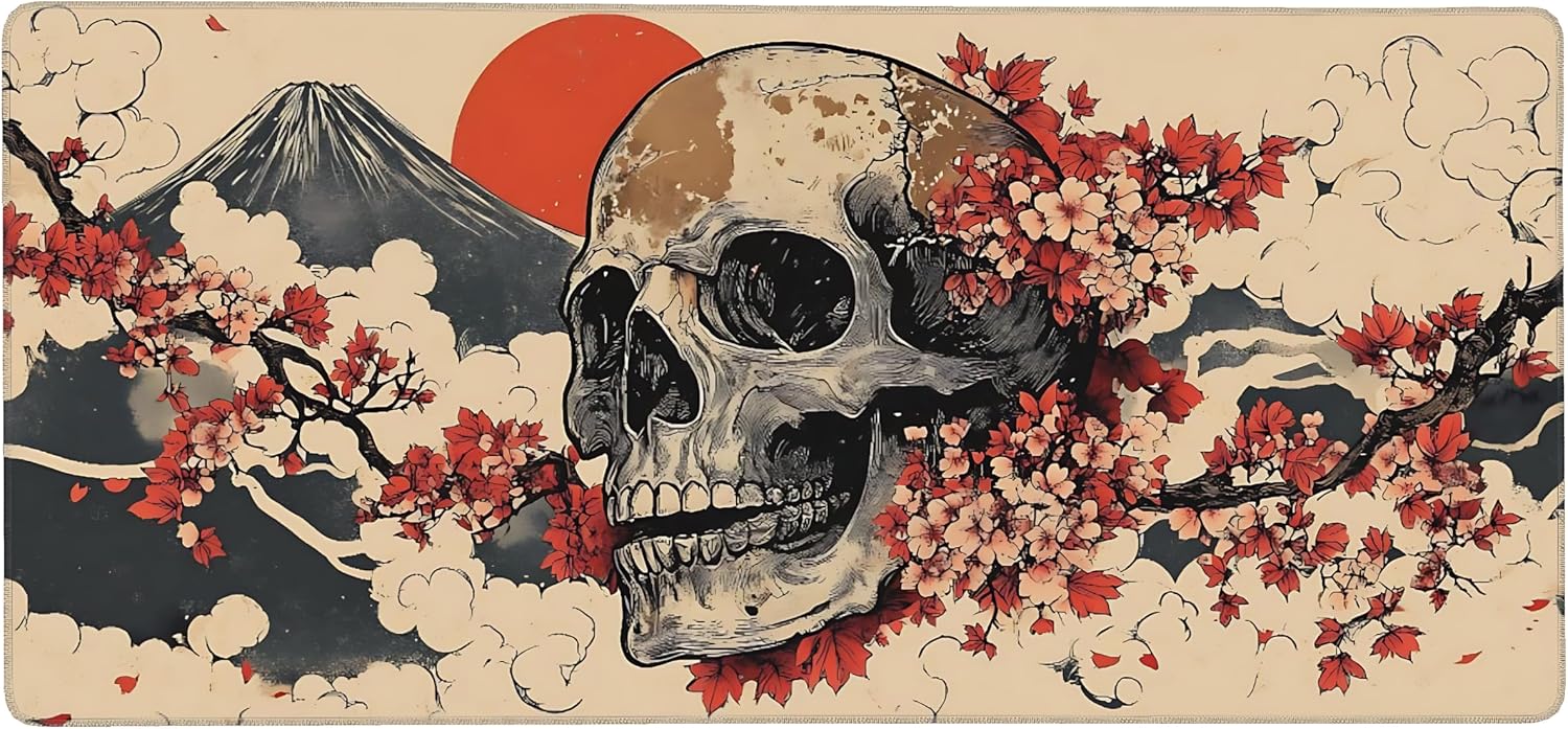 Aesthetic Skull Gaming Mouse Pad, Beige Red Japanese Desk Mat with Anti-Slip Base & Stitched Edges, Office Supplies & Desk Decor for Women, 35.4" x 15.7" in Home Office Essentials
