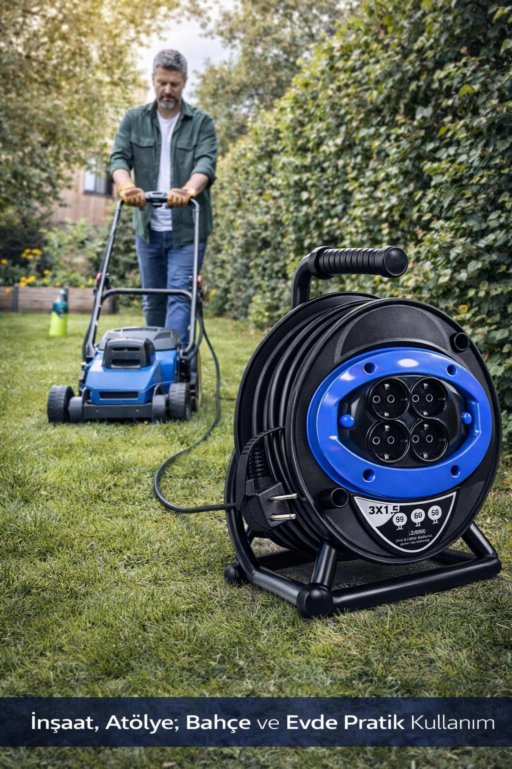 4 Prizli Seyyar Kablo Makarası, 20 Metre Uzatma Kablosu, 3x1.5 mm², Topraklı Sistem, Taşınabilir Tasarım, Dayanıklı Gövde, Ev Kullanımı, Bahçe Kullanımı, Atölye Kullanımı, Şantiye Kullanımı, Çok Amaçl