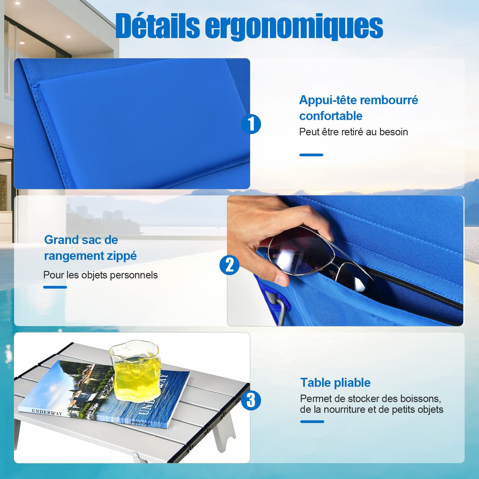 GYMAX Ensemble 2 Transats de Plage avec Table d'Appoint, Pliable et Portable, Dossiers Inclinables Réglables, pour Bain de Soleil, Détente, Bronzage en Plein Air, Pelouse, Balcon, Piscine (Bleu)