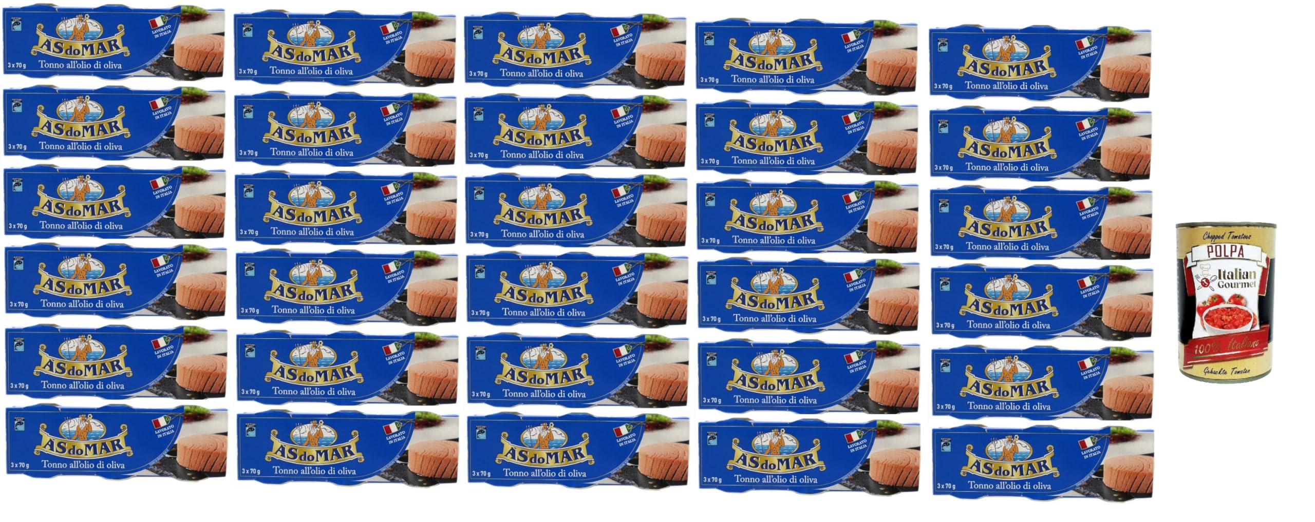Italian Gourmet Tonno all'Olio di Oliva Thunfisch Dose Vorrat 32 x 210g | Filetti compatti; olivenölhaltige Konserve, ideale Rezepte, insalate, Gesamtnettogewicht 6,72 kg + Kostenlos Polpa 400g