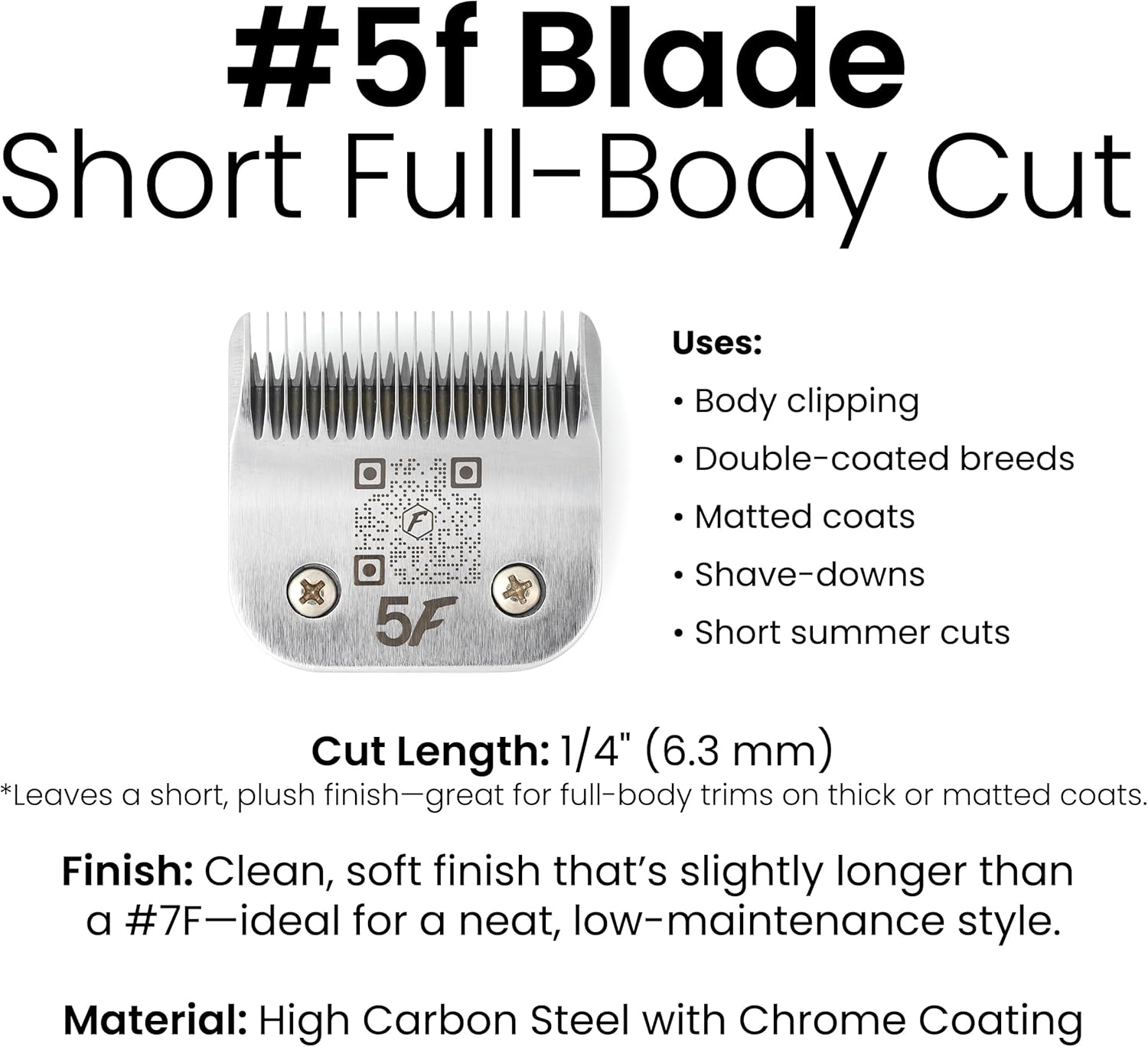 Fresh 5F Dog Grooming Blade, 1/4" (6.4 mm) Cut, Fits Andis, Oster, Wahl A5 Detachable Clippers, High-Carbon Steel with Chrome Coating, Clean Finish Blade for Short, Even Trims