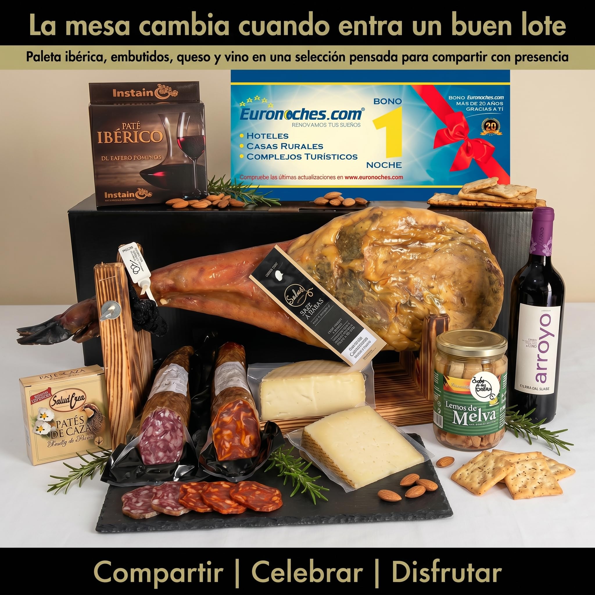 SABE A SABAS Cesta Gourmet con Paleta Ibérica Cebo 50% 5 Kg y Embutidos Bellota Vino Ribera del Duero Queso Curado Patés y Melva Lote de Regalo Navidad Empresa 1 Noche Hotel Gratis Selección Premium