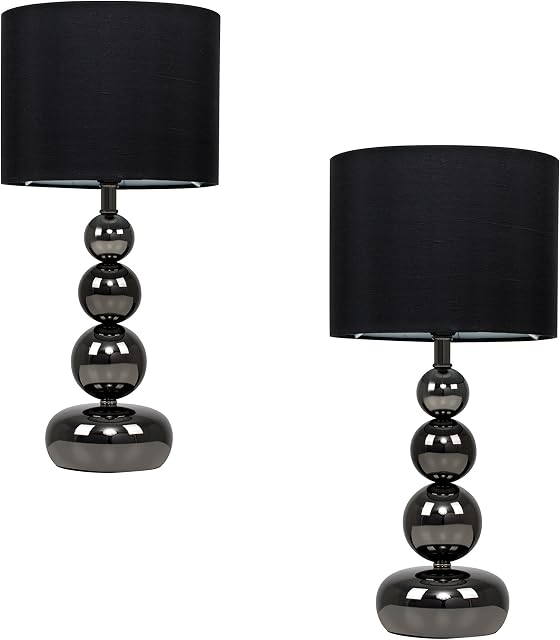 MiniSun Pair of - Black Chrome Stacked Balls Table Lamps with Black Faux Silk Shades