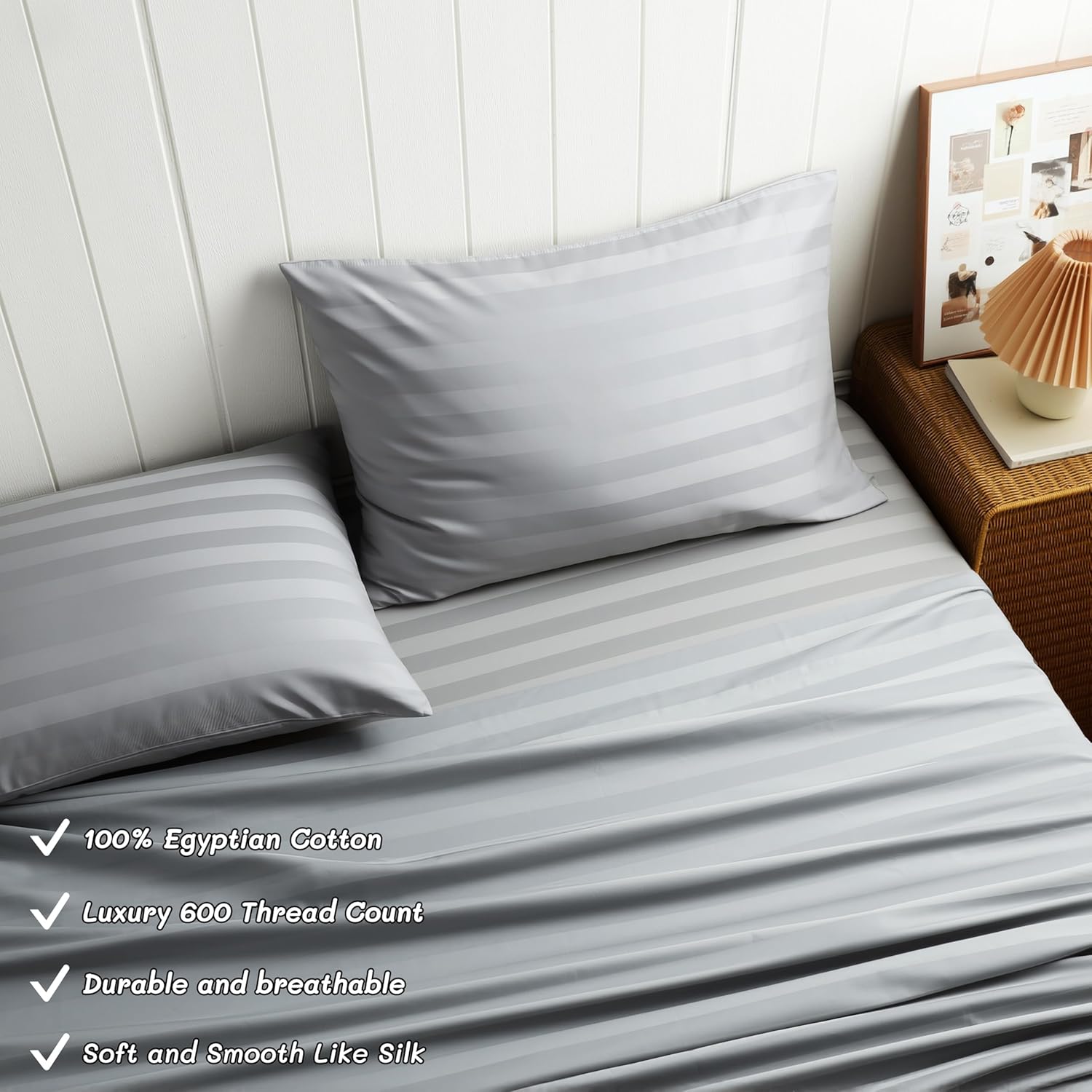 Cotton Flat Sheets Only, 600 TC 100% Cotton Flat Sheet Top Sheet Only, Queen Flat Sheet Only 1Pcs, Cool, Breathable, Wrinkle (Striped-Grey Queen 1pcs)