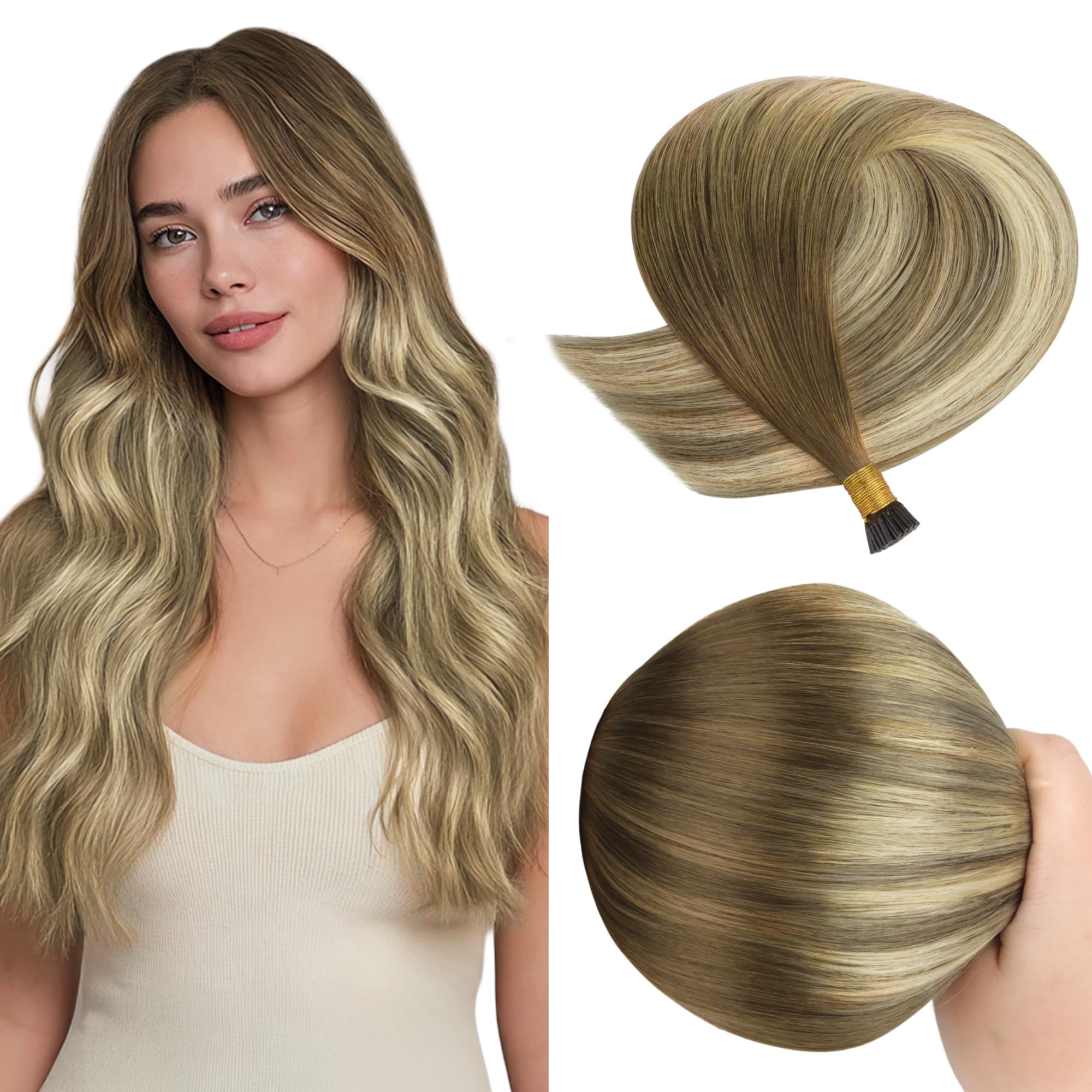 GOO GOO I Tip Hair Extensions Real Human Hair, 16inch 50g 100S, Cold Fusion, Invisible Remy Hair Extensions, 3/8/613 Balayage Walnut Brown to Ash