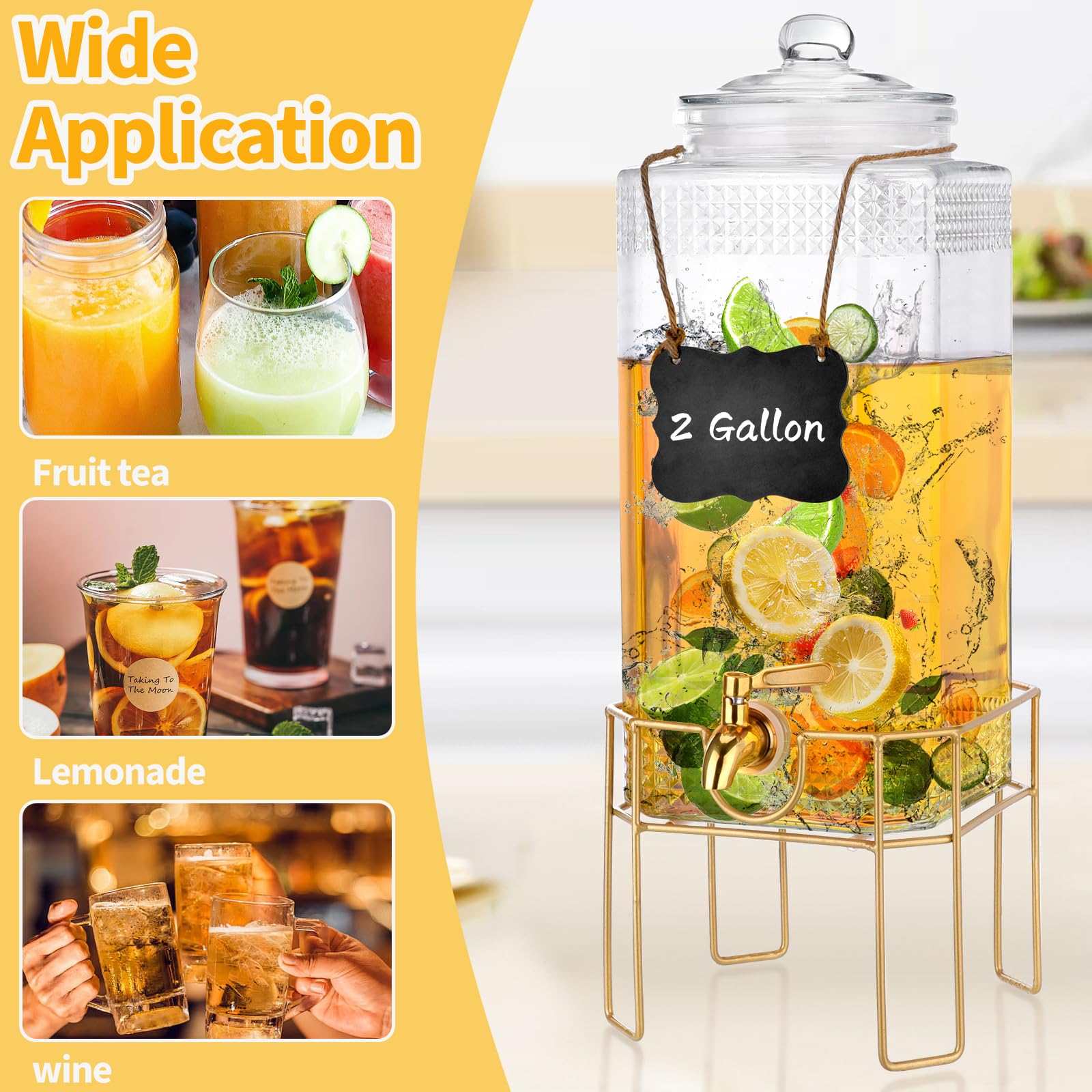 Dispensador de bebidas, dispensadores de bebidas de 2 galones para fiestas, dispensador de bebidas con soporte, tapa de vidrio y espiga de acero inoxidable a prueba de fugas, ideal para limonada,