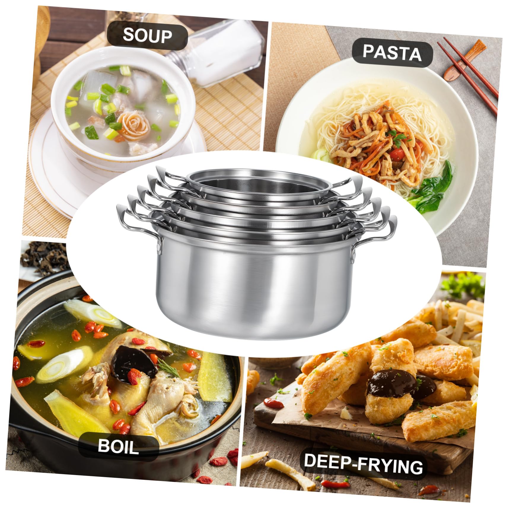 Ciieeo Set di Pentole da Zuppa in Acciaio Inox 5 Set con Doppi Manici | Coperchi in Vetro, Finitura Argento, Uso Versatile per Cucina Domestica, Formato All-in-one