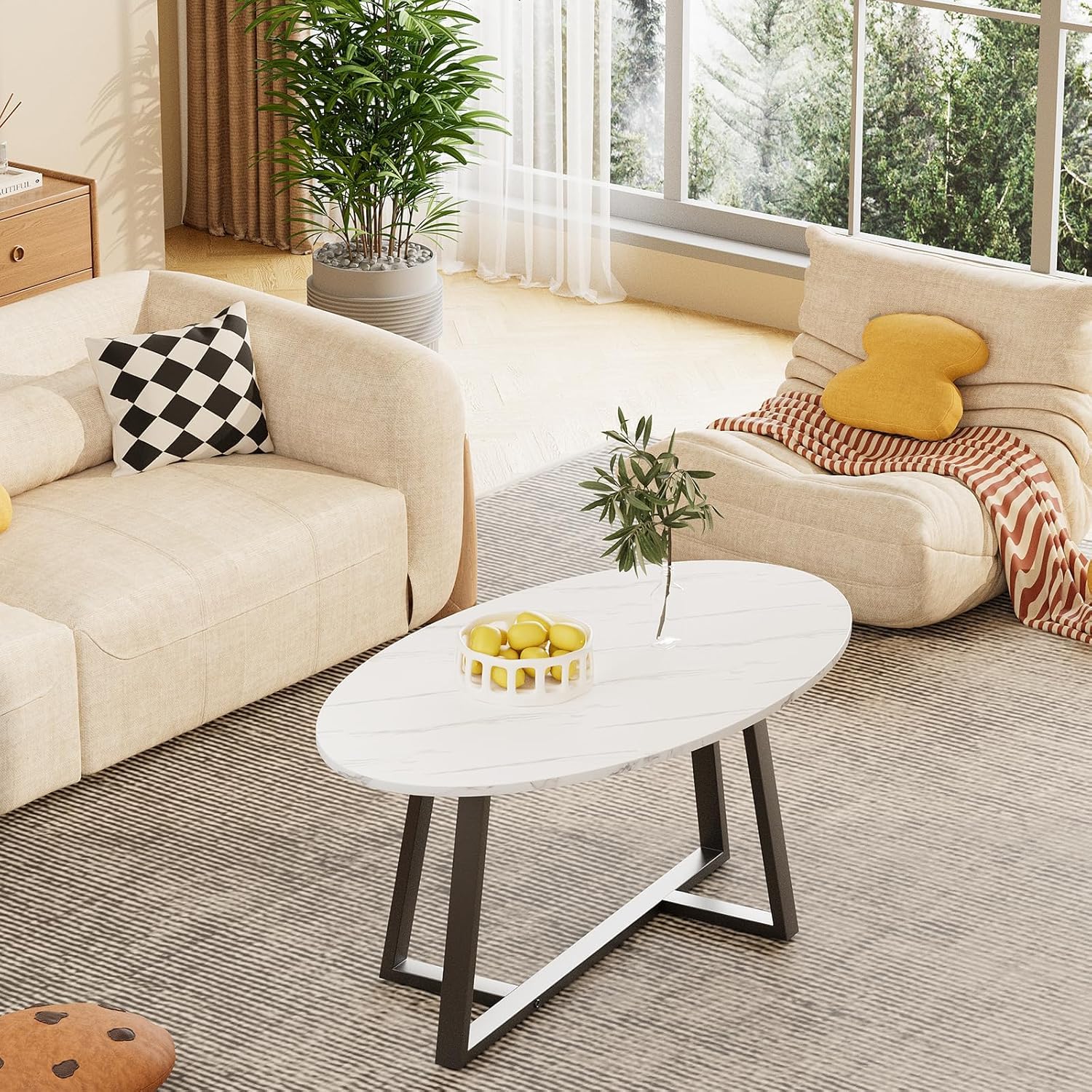 Huhote Couchtisch, Wohnzimmertisch mit Metallgestell, Satztisch, Oval Wohnzimmertisch, Sofatisch, Beistelltisch, Kaffetisch, Teetisch, Wohnzimmer möbel für Büro, 100 x 55 x 45 cm, Schwarz