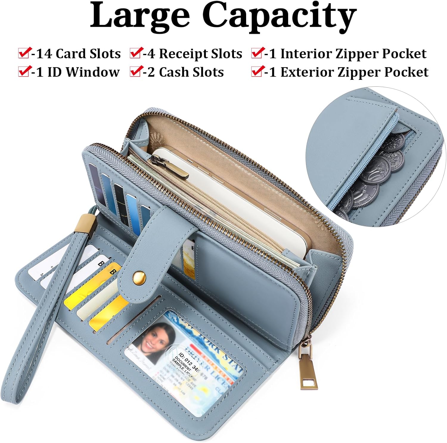 GAEKEAO Wallet for Women Clutch RFID Blocking Wristlet Leather Purse Large Capacity Credit Card Holder with Grip Hand Strap - Image 2