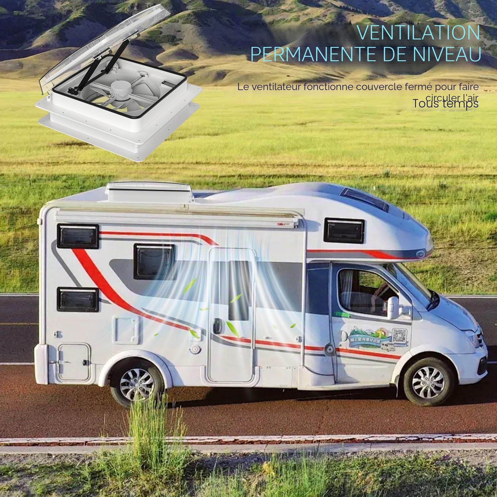 2012 Ventilateur de Toit 12V(24V Max) pour Camping-Car, Lanterneau 400 mm avec Télécommande, Flux d'Air Réversible, Ventilation Ultra Silencieuse, Couvercle Transparent Anti-UV