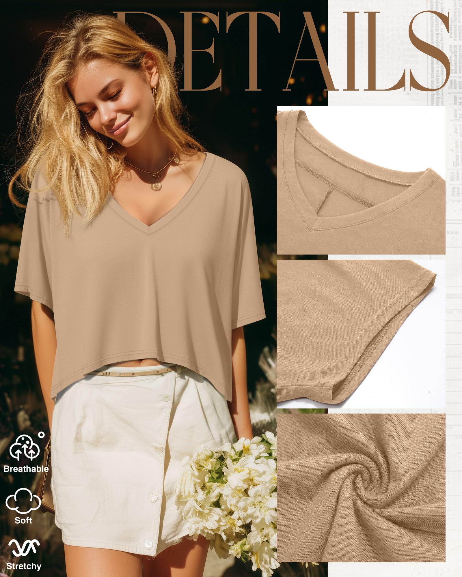 Geyoga Lot de 3 Crop Tops Oversize Femme Col V | T-shirts Amples, Hauts Manches Courtes, Tops À Ourlet Asymétrique, Vêtements Respirants, Tenue Décontractée, Mode