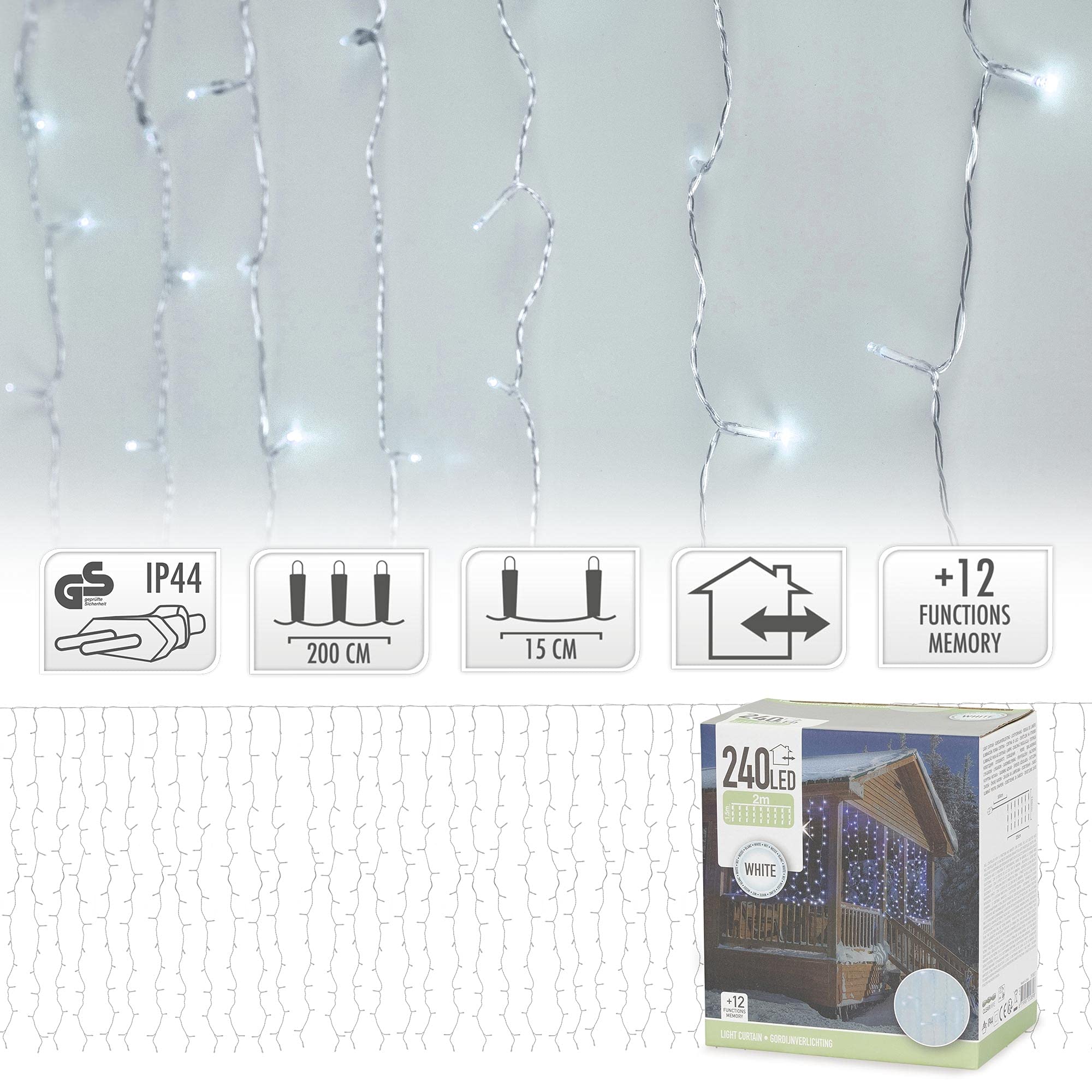 ECD Germany Kurtyna świetlna LED, 2 x 1,5 m, 240 diod LED, zimna biel, 12 funkcji, Boże Narodzenie, sople lodu, łańcuch świetlny, kurtyna świetlna, zimny deszcz, zasłona bożonarodzeniowa, IP44