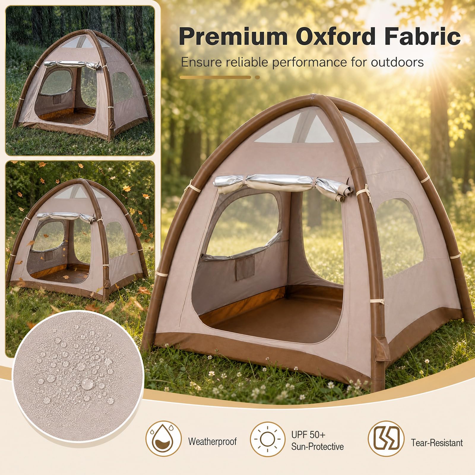 HOMASIS Tenda Gonfiabile da Campeggio 2-4 Posti, 208 x 208 x 196 cm | Tenda Esterna con Pompa Manuale, Copertura Rimovibile, Lucernari e Finestre Traspiranti, Tendone Impermeabile con Borsa