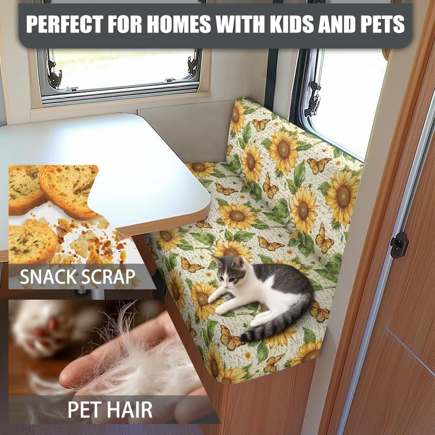Dreaweet Sunflower RV Dinette Cushion Covers Booth Set Stretch Washable Camper Cushion Couch Covers Slipcovers Furniture Protector for RV Camper Bench,Including 1 Backrest & 1 Bench Cover